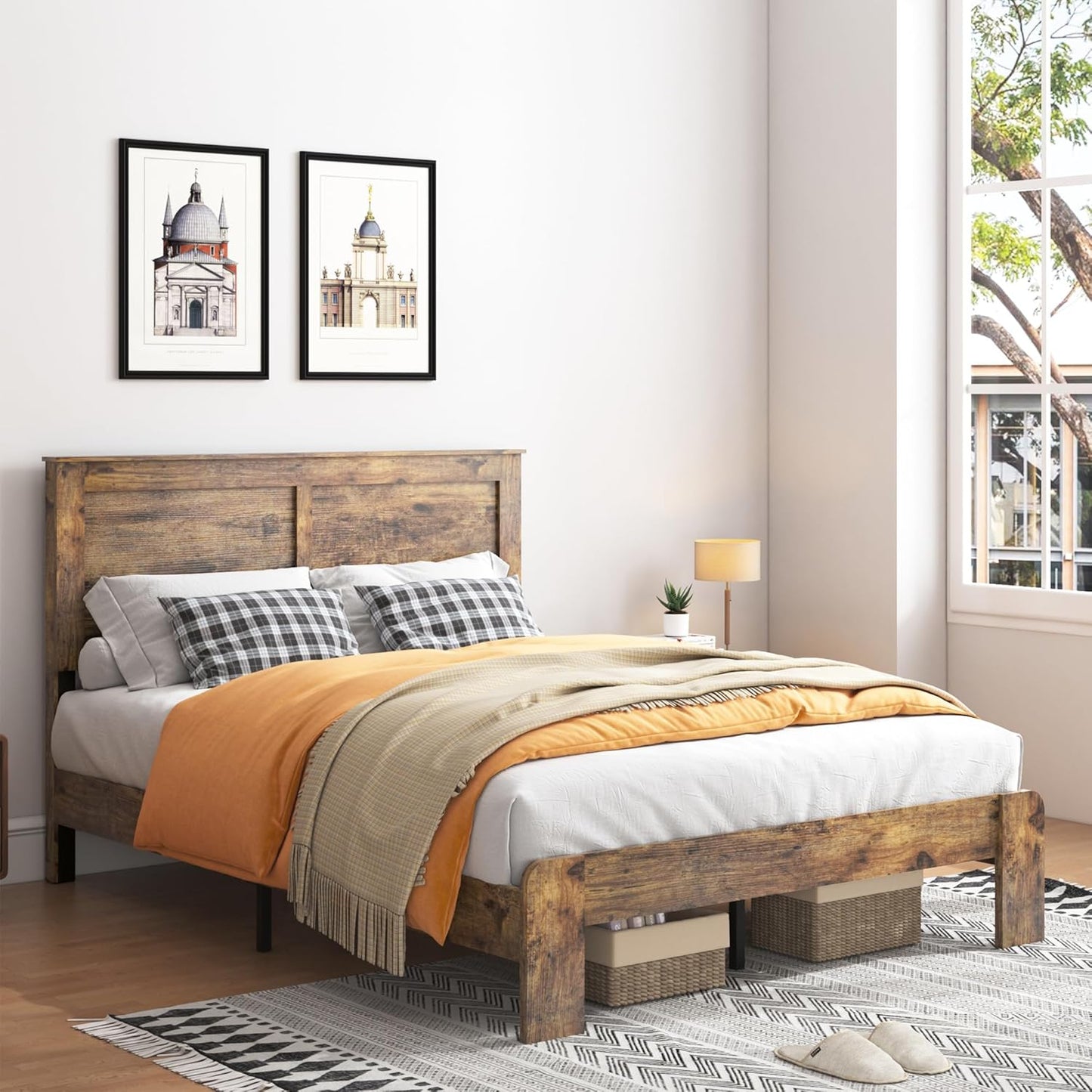 Full Size Bed Frame with Headboard, Rustic Wood Platform Bed Frame with 12 Wooden Slats Support, No Box Spring Needed, Noise Free (Dark Brown, Full)