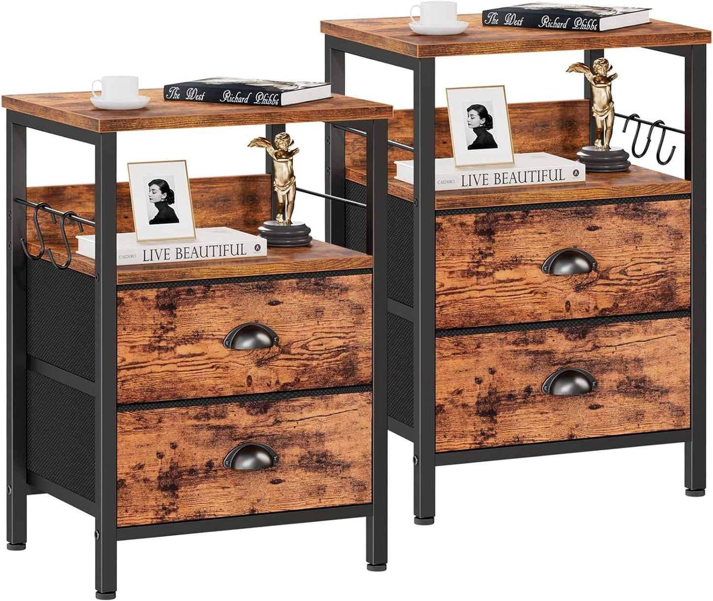 Furologee Nightstands Set 2, End Table with 2 Fabric Drawers, Bedside Table with 2 Hooks, Open Wood Shelf Side Sofa Table for Bedroom/Living Room/Hallway/White