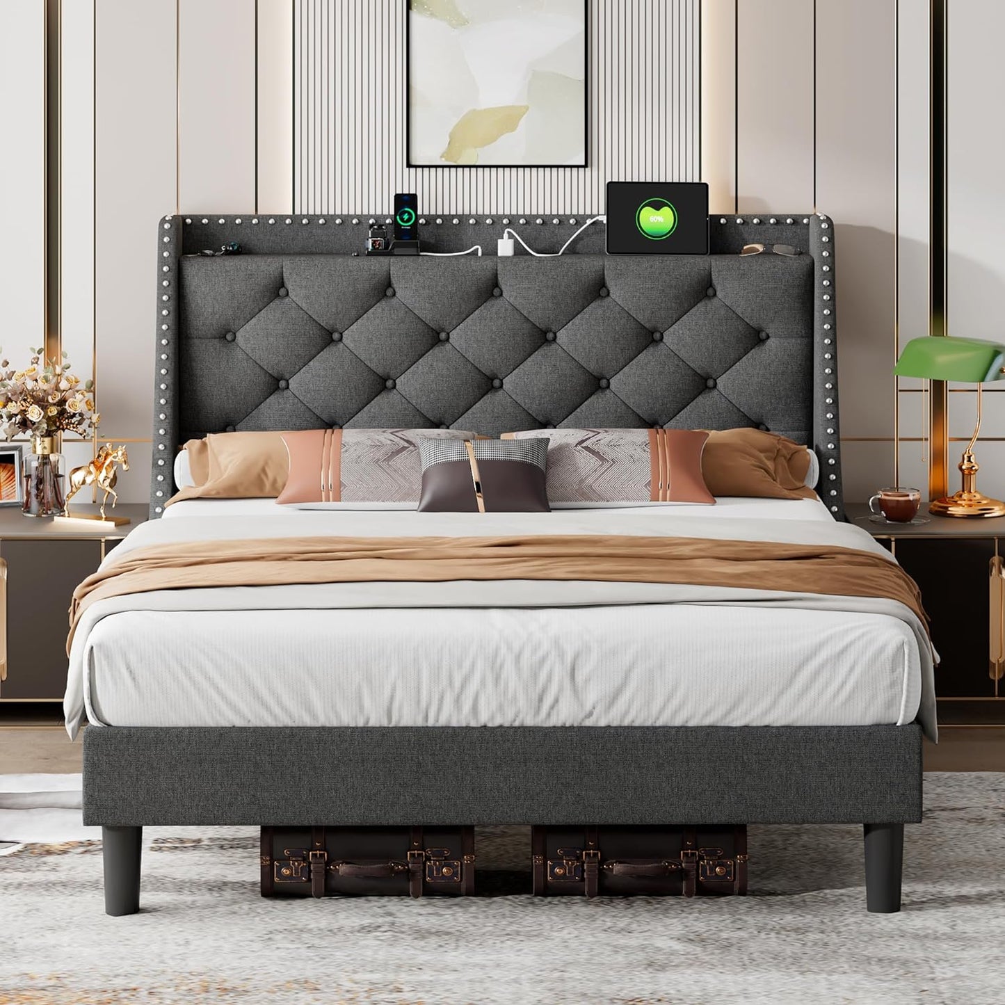 iPormis Full Bed Frame with 16" Comfort Wingback & Charging Station, Upholstered Platform Bed with Button Tufted Storage Headboard, Solid Wood Slats Support, No Box Spring Needed, Black