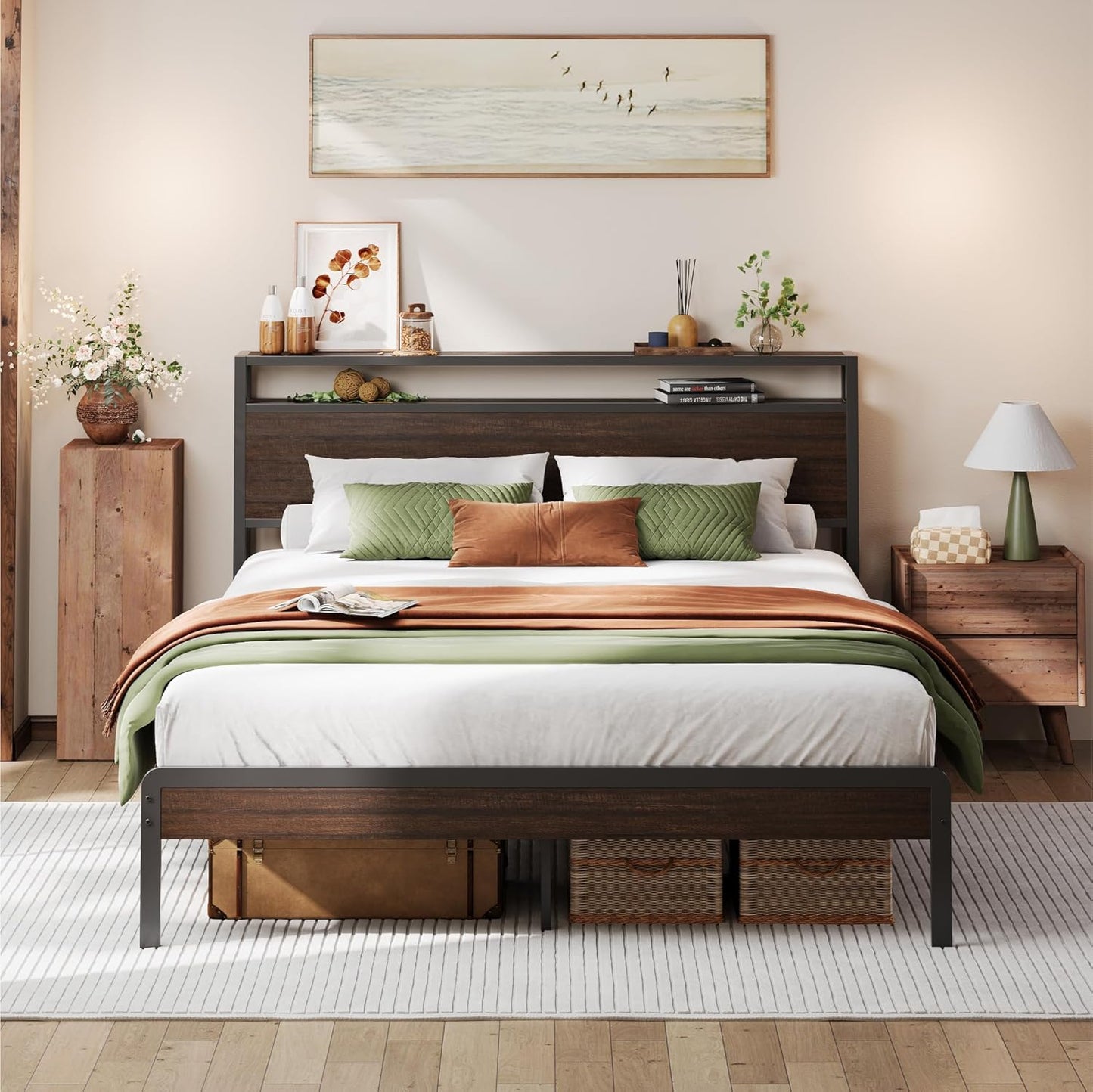 LIKIMIO Full Bed Frame with Headboard, Dark Wood Camas Full with Strong Supports, Sturdy, Noise-Free, No Box Spring Needed, Charcoal Grey