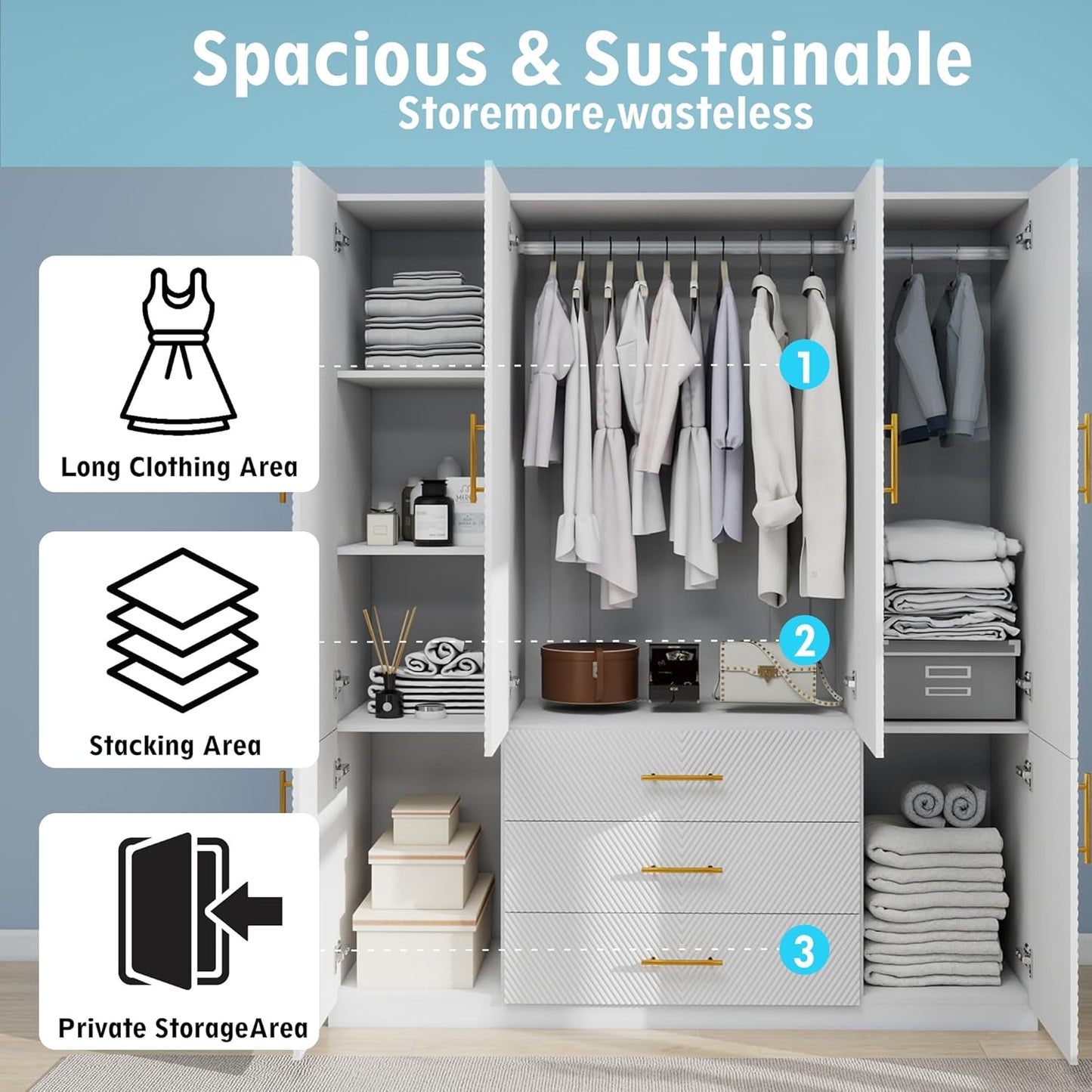 Wooden Armoire Wardrobe Closet：Large Wardrobe Closet with 4 Doors, 3 Drawers for Tall Cabinet, Wardrobe Cabinet for Bedroom with Hanging Rods, Golden Handle, White