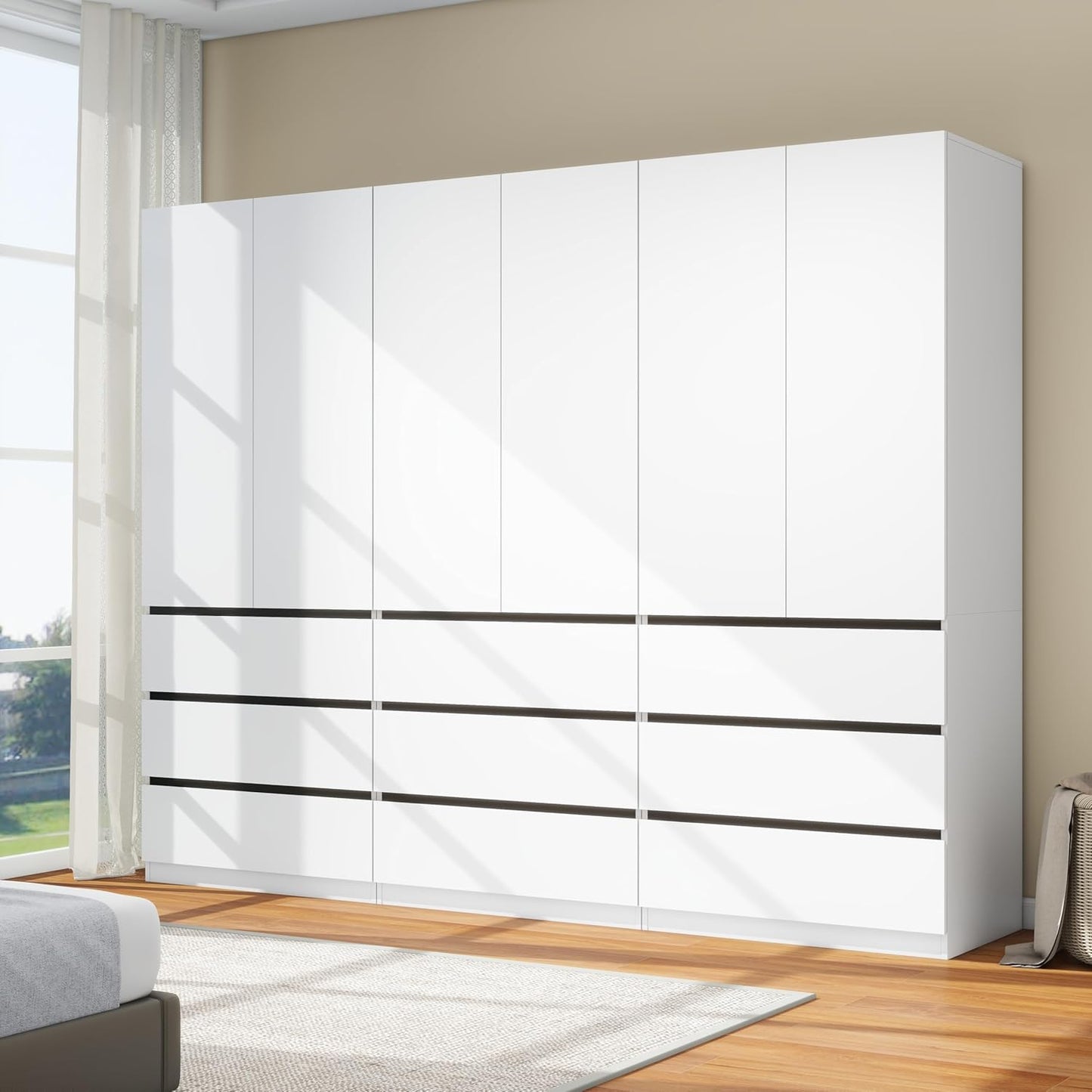 Wooden Wardrobe Closet with 2 Doors: 75" Bedroom Armoire Wardrobe Closet with 3 Drawers, White Cabinet with Hanging Shelves, Large Storage Cabinet (Modern, 1)
