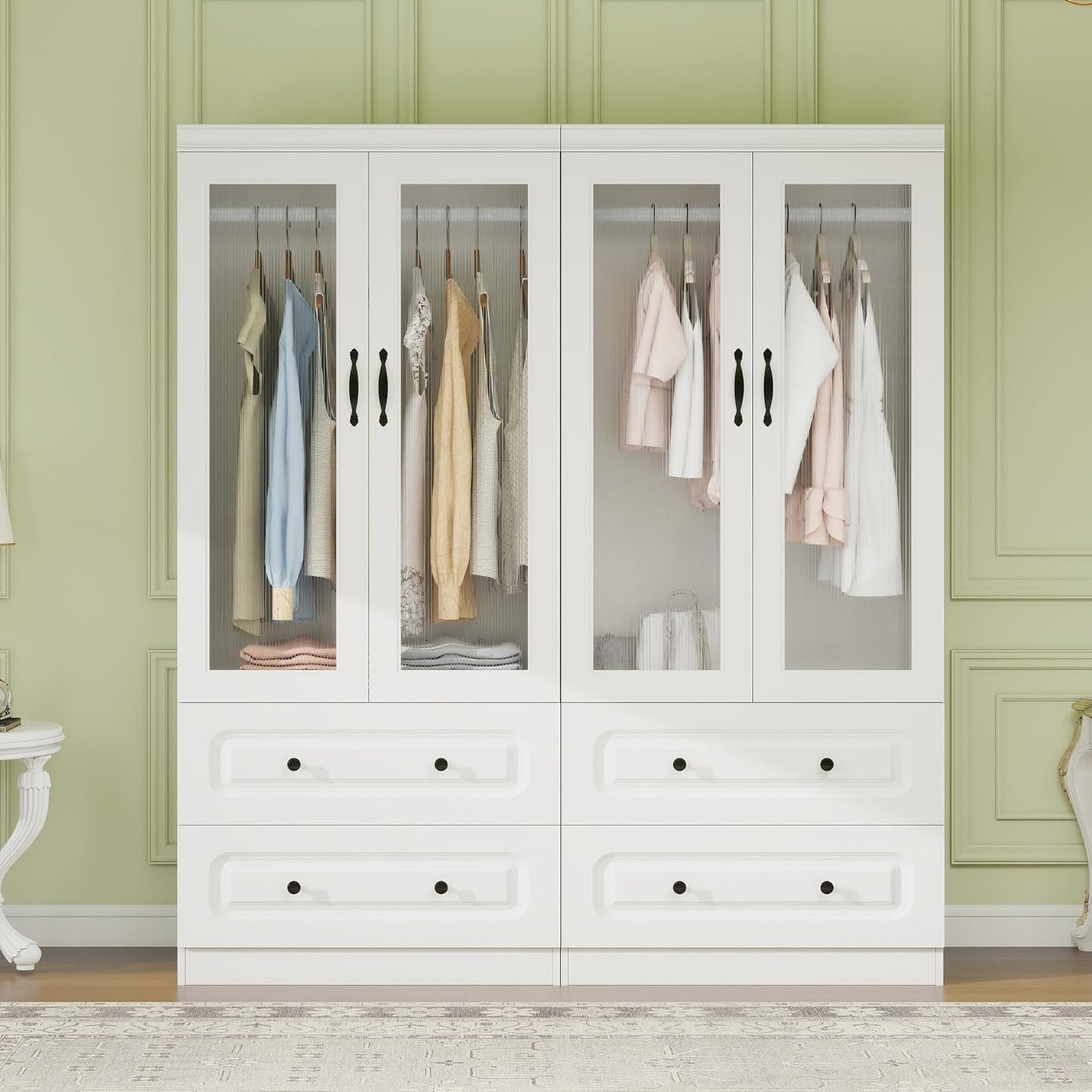 Wooden Armoire Wardrobe Closet：Large Wardrobe Closet with 4 Doors, 3 Drawers for Tall Cabinet, Wardrobe Cabinet for Bedroom with Hanging Rods, Golden Handle, White