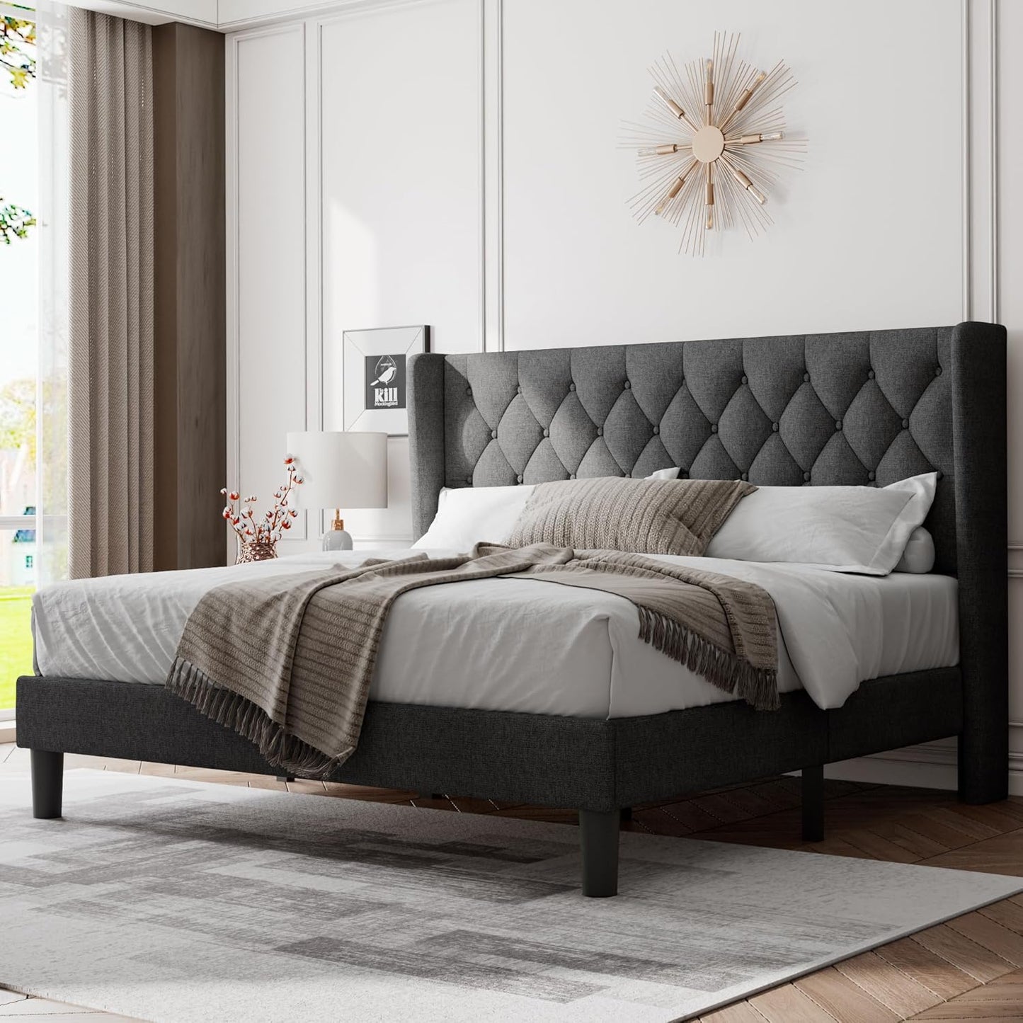 Feonase Full Size Bed Frame with Upholstered Wingback Headboard, Platform Bed and Heavy Duty Wooden Slats Support, Easy Assembly, Noise-Free, No Box Spring Needed, Dark Gray