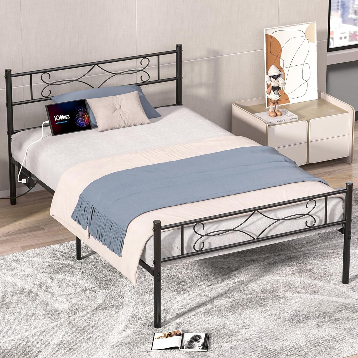 VECELO Queen Size Metal Platform Bed Frame with Headboard/Premium Steel Slat Support/No Box Spring Needed/Noise-Free Anti-Slip/Easy Assembly