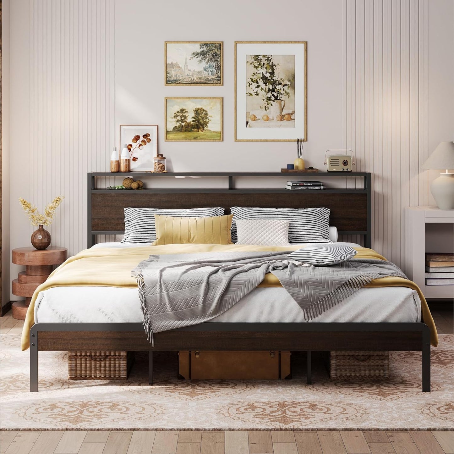LIKIMIO Full Bed Frame with Headboard, Dark Wood Camas Full with Strong Supports, Sturdy, Noise-Free, No Box Spring Needed, Charcoal Grey
