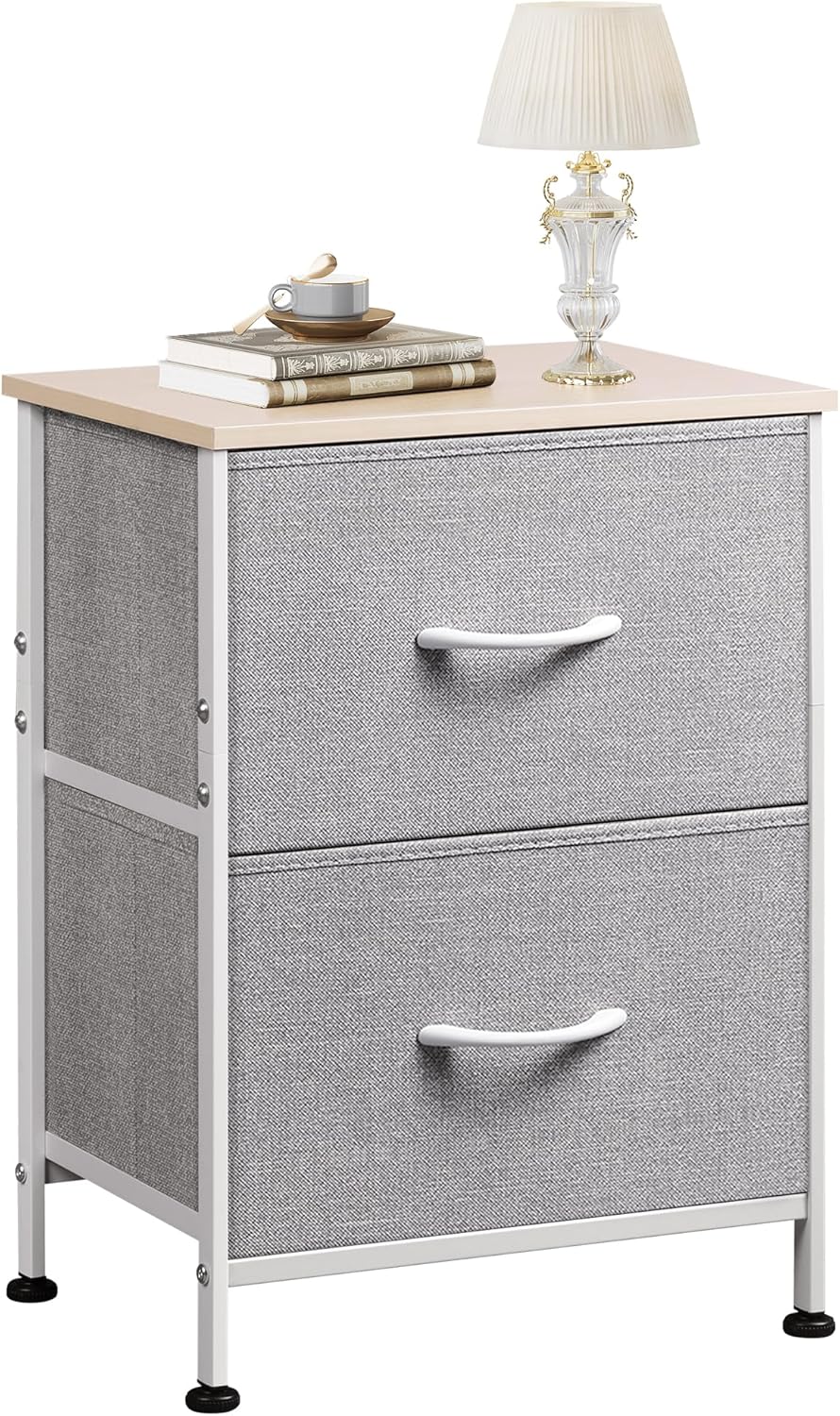WLIVE Night Stand, Small 2 Drawer Dresser, Nightstand with Fabric Bins for Bedroom, Closet, Dorm, Rustic Brown Wood Grain Print, 11.8" D x 15.7" W x 20.9" H
