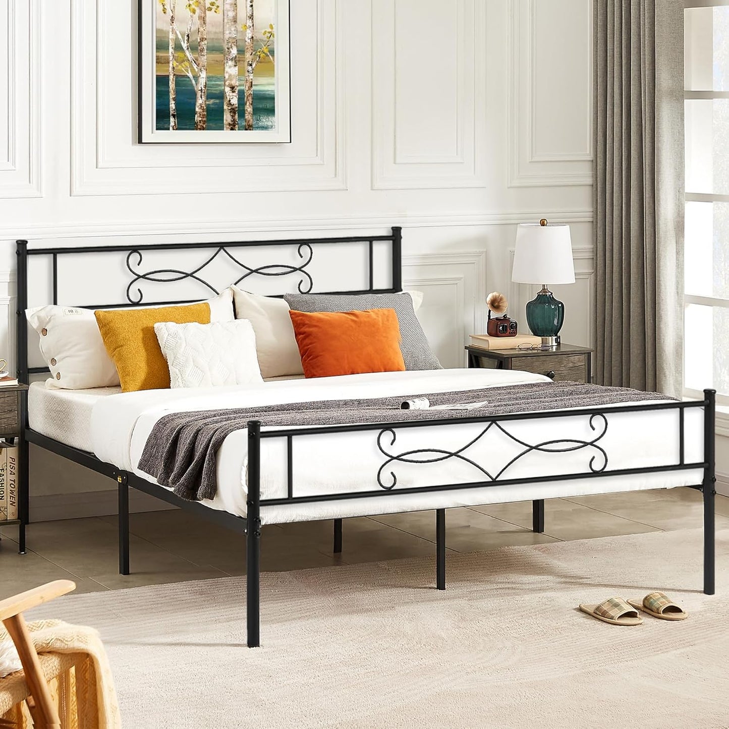 VECELO Queen Size Metal Platform Bed Frame with Headboard/Premium Steel Slat Support/No Box Spring Needed/Noise-Free Anti-Slip/Easy Assembly