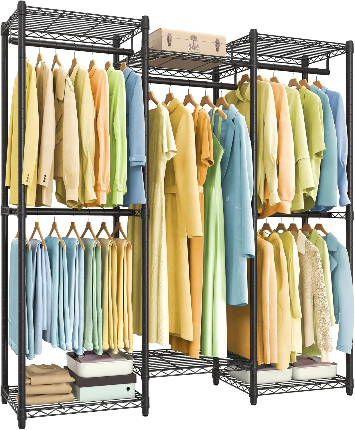 SONGMICS Heavy-Duty Rolling Clothes Rack, Garment Rack, Portable Closet, 43.3-Inch Wide Clothing Rack on Wheels, with Adjustable Mesh Shelves and Hanging Rails, Hooks, Ink Black ULGR414B01