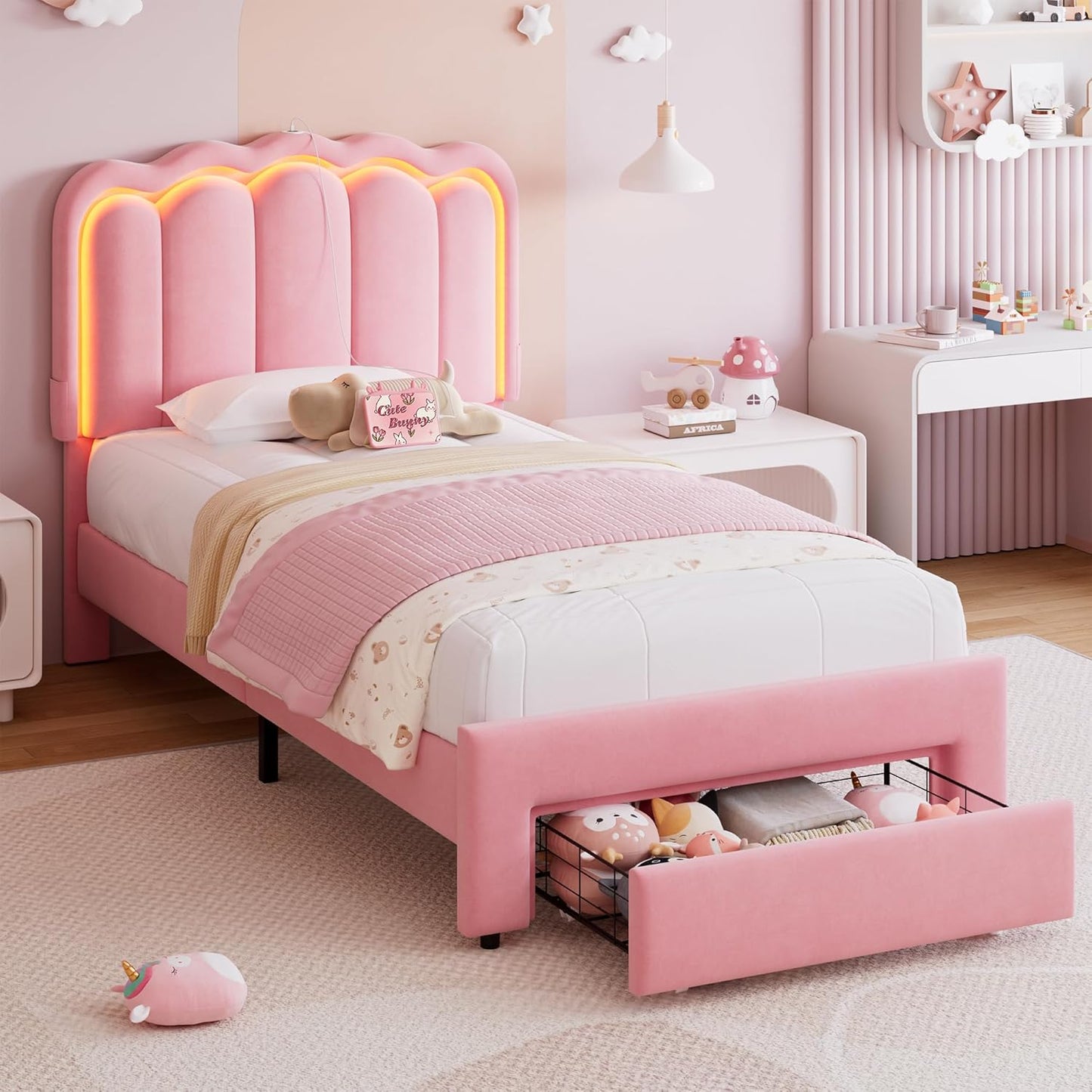 Full Upholstered LED Bed Frame with 2 Storage Drawers and Adjustable Chic Double Wavy Headboard, Velvet Princess Platform Bed with Charing Station, Solid Wood Slats Support,No Box Spring Needed,Beige