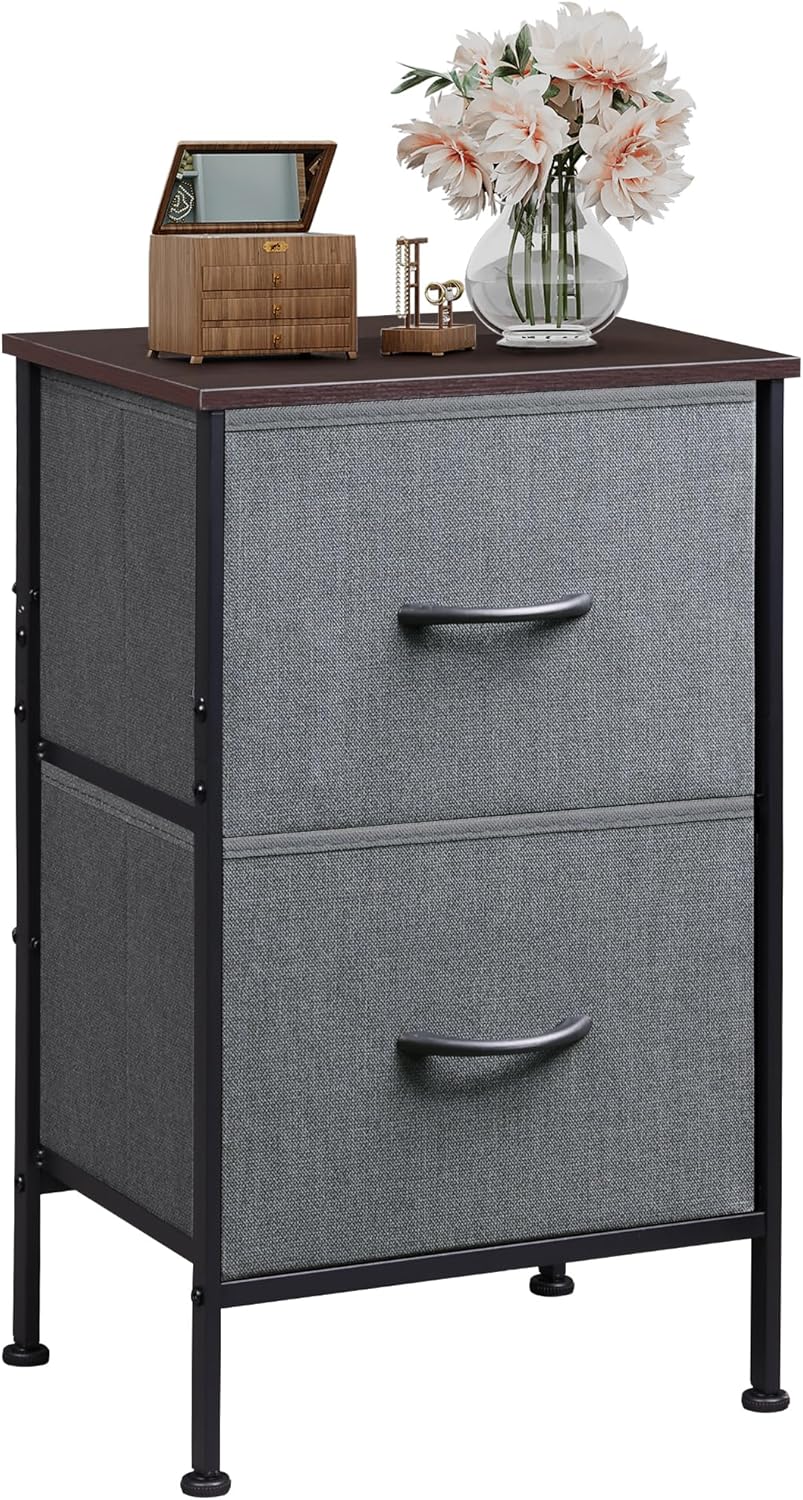 WLIVE Night Stand, Small 2 Drawer Dresser, Nightstand with Fabric Bins for Bedroom, Closet, Dorm, Rustic Brown Wood Grain Print, 11.8" D x 15.7" W x 20.9" H