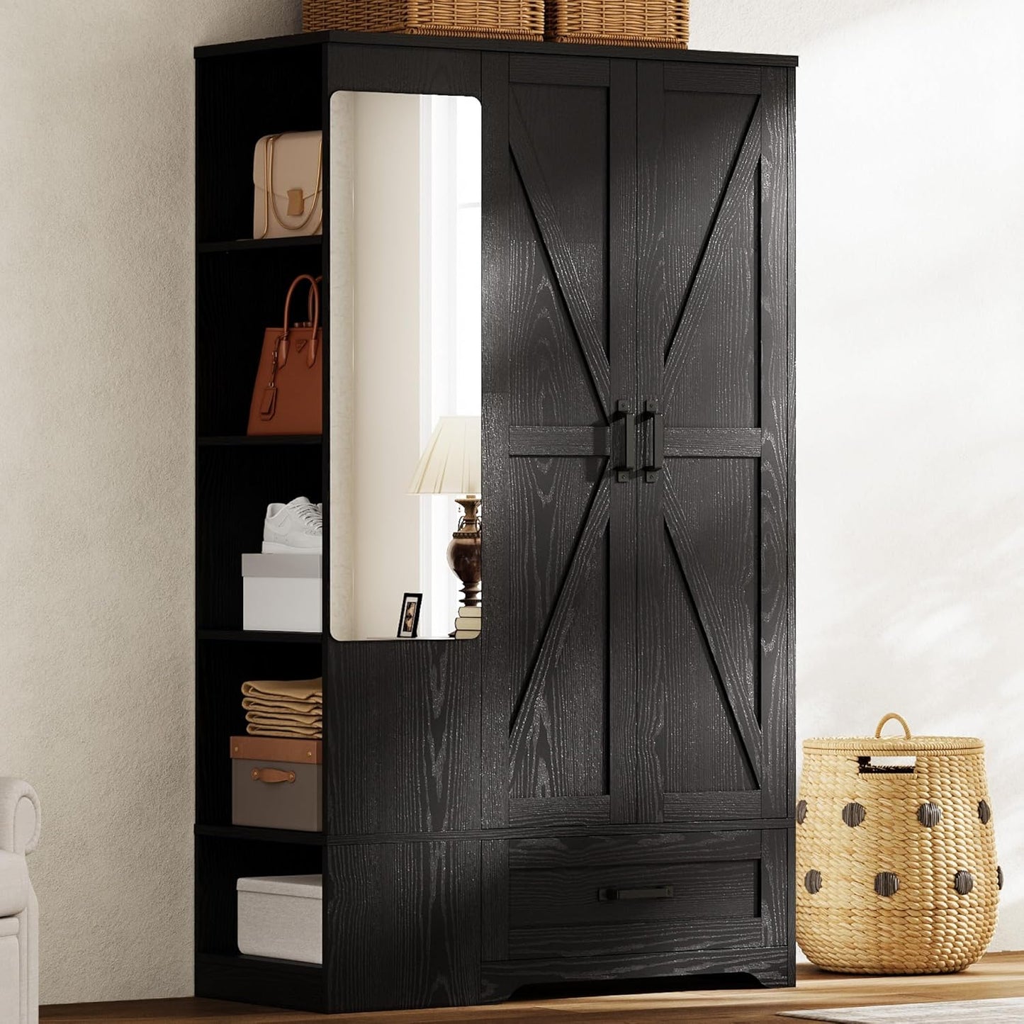 LIKIMIO Armoire Wardrobe Closet 70 Inches, Large Storage with Mirror, 2 Doors, Drawer, and Shelves, Modern Bedroom Freestanding Wooden Wardrobe Combination with Hanging Rail, White
