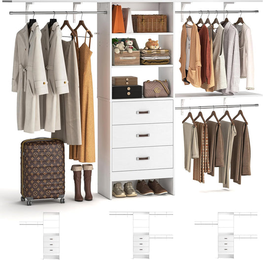8FT Closet System, 96'' Closet Organizer System with 3 Hanging Rods, Wall Mount Bedroom Wardrobe with 3 Drawers Walk-in Closet, Adjustable Cloth Garment Rack from 5 to 8FT (Cut to Fit), White