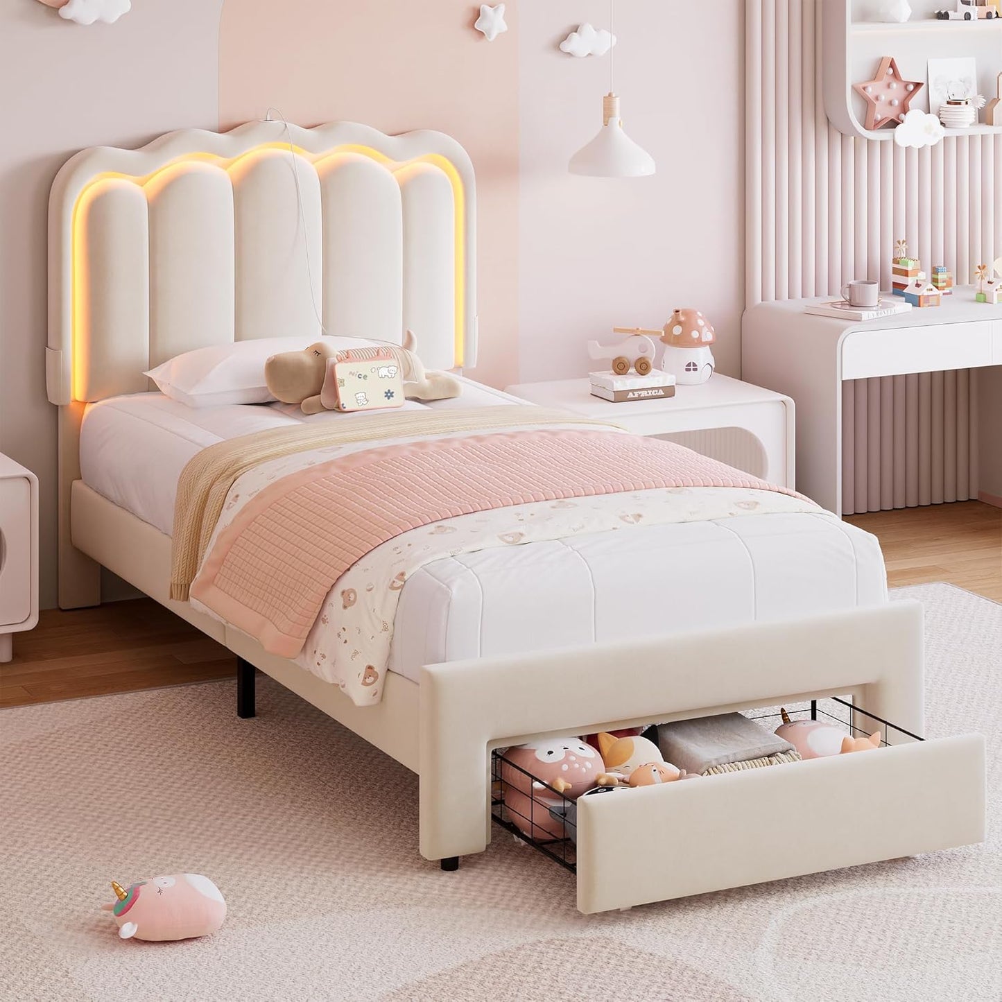 Full Upholstered LED Bed Frame with 2 Storage Drawers and Adjustable Chic Double Wavy Headboard, Velvet Princess Platform Bed with Charing Station, Solid Wood Slats Support,No Box Spring Needed,Beige
