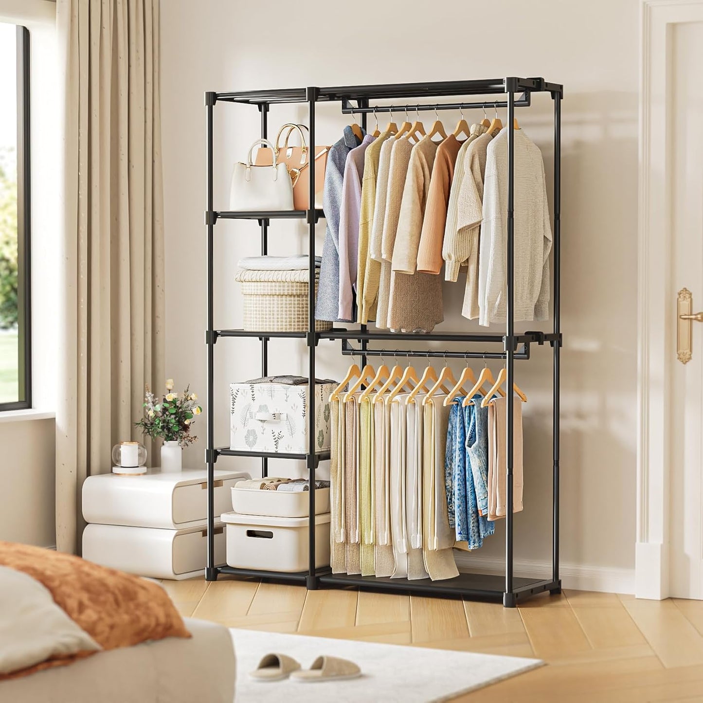Portable Closet, Freestanding Wardrobe Closet Organizers and Storage,Open Clothing Racks for Hanging Clothes with 4 Shelves and 2 Hanging Rods，47.8x15.8x63.4 Inches