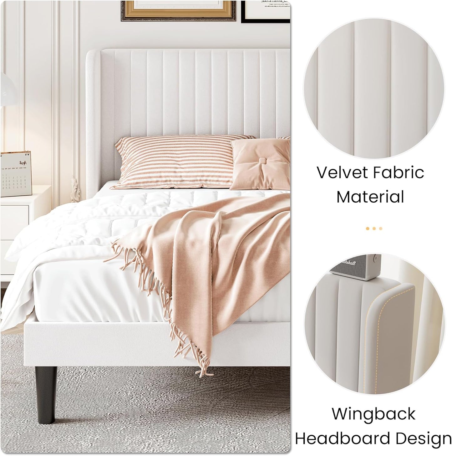 SHA CERLIN Full Size Velvet Bed Frame with Vertical Channel Tufted Wingback Headboard, Upholstered Platform Bed with Wood Slats, No Box Spring Needed, Easy Assembly, White