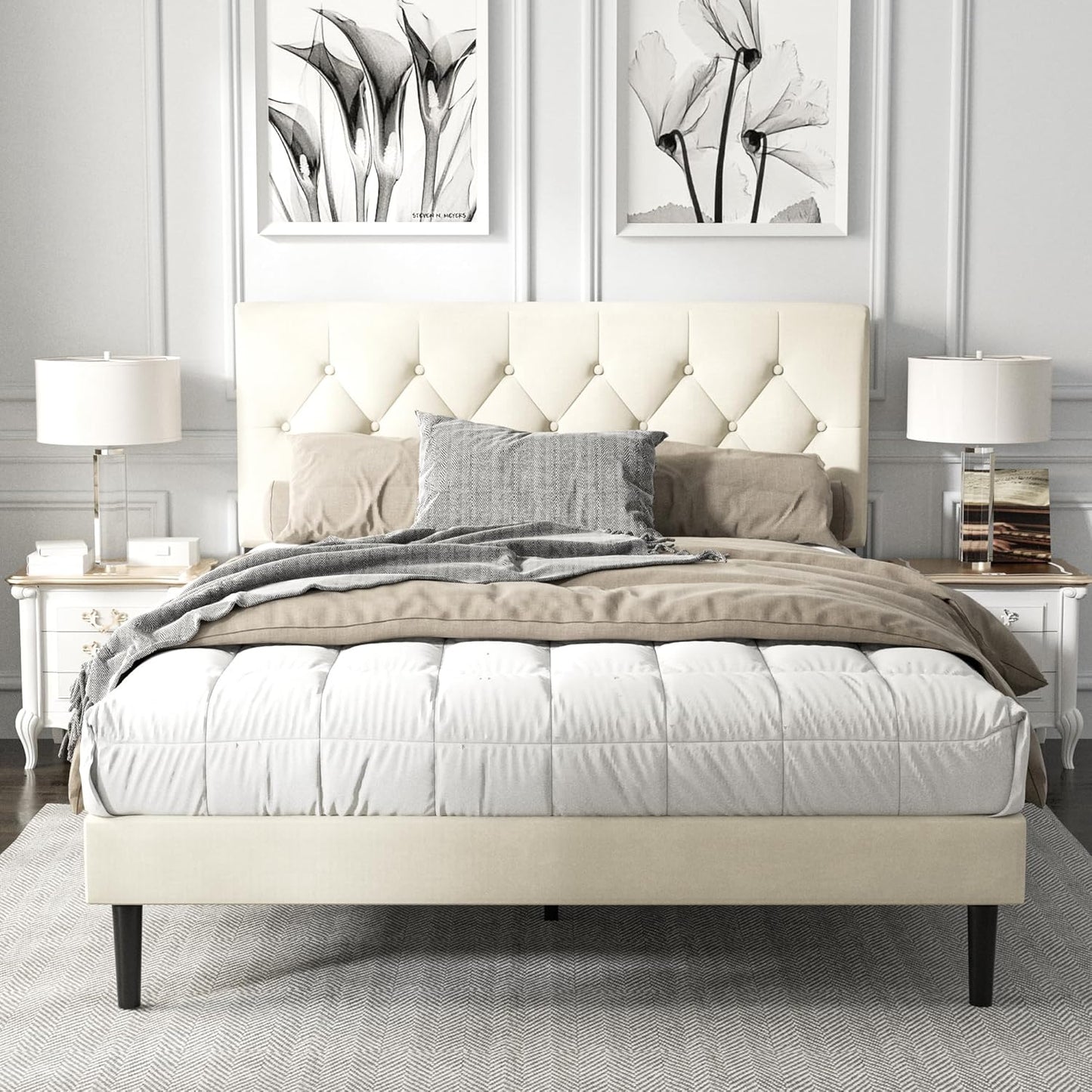 Full Size Platform Bed Frame with Upholstered Button Tufted Headboard, Mattress Foundation with Wooden Slat Support, Noise Free, No Box Spring Needed, Easy Assembly, Light Grey