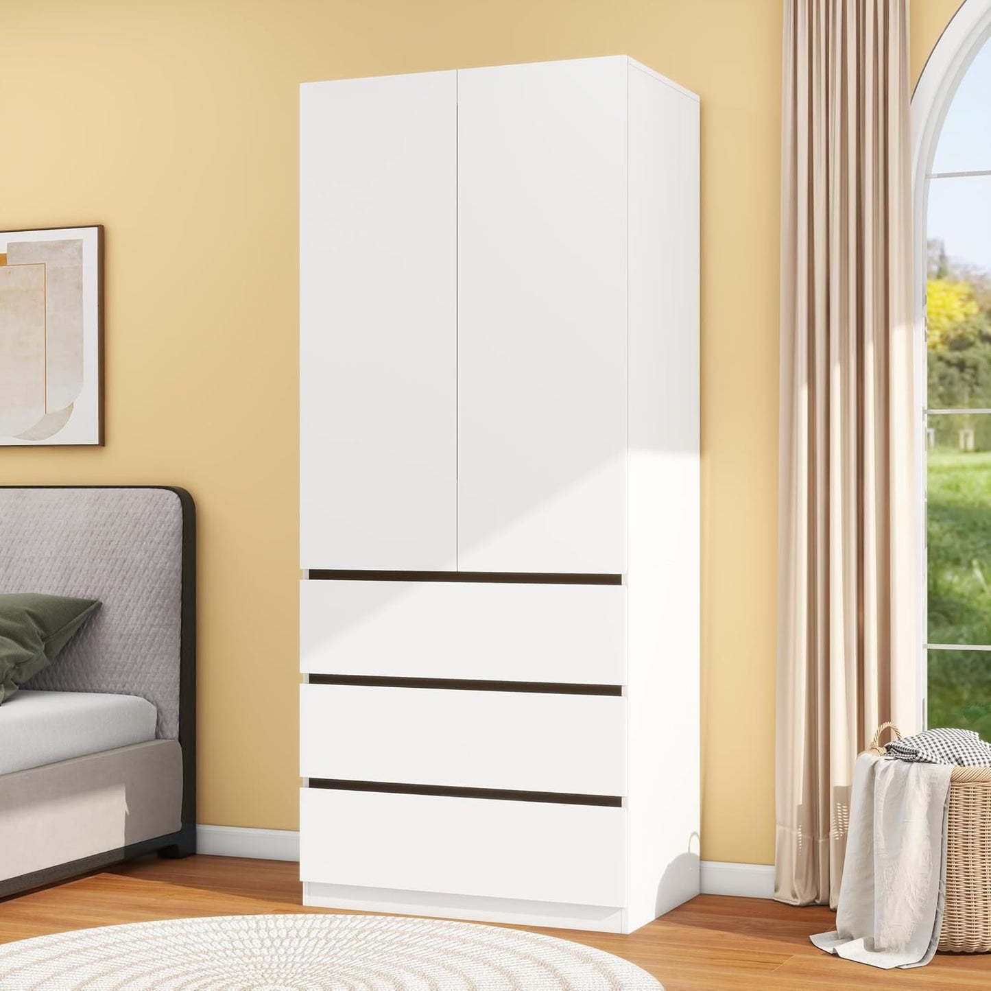 Wooden Wardrobe Closet with 2 Doors: 75" Bedroom Armoire Wardrobe Closet with 3 Drawers, White Cabinet with Hanging Shelves, Large Storage Cabinet (Modern, 1)