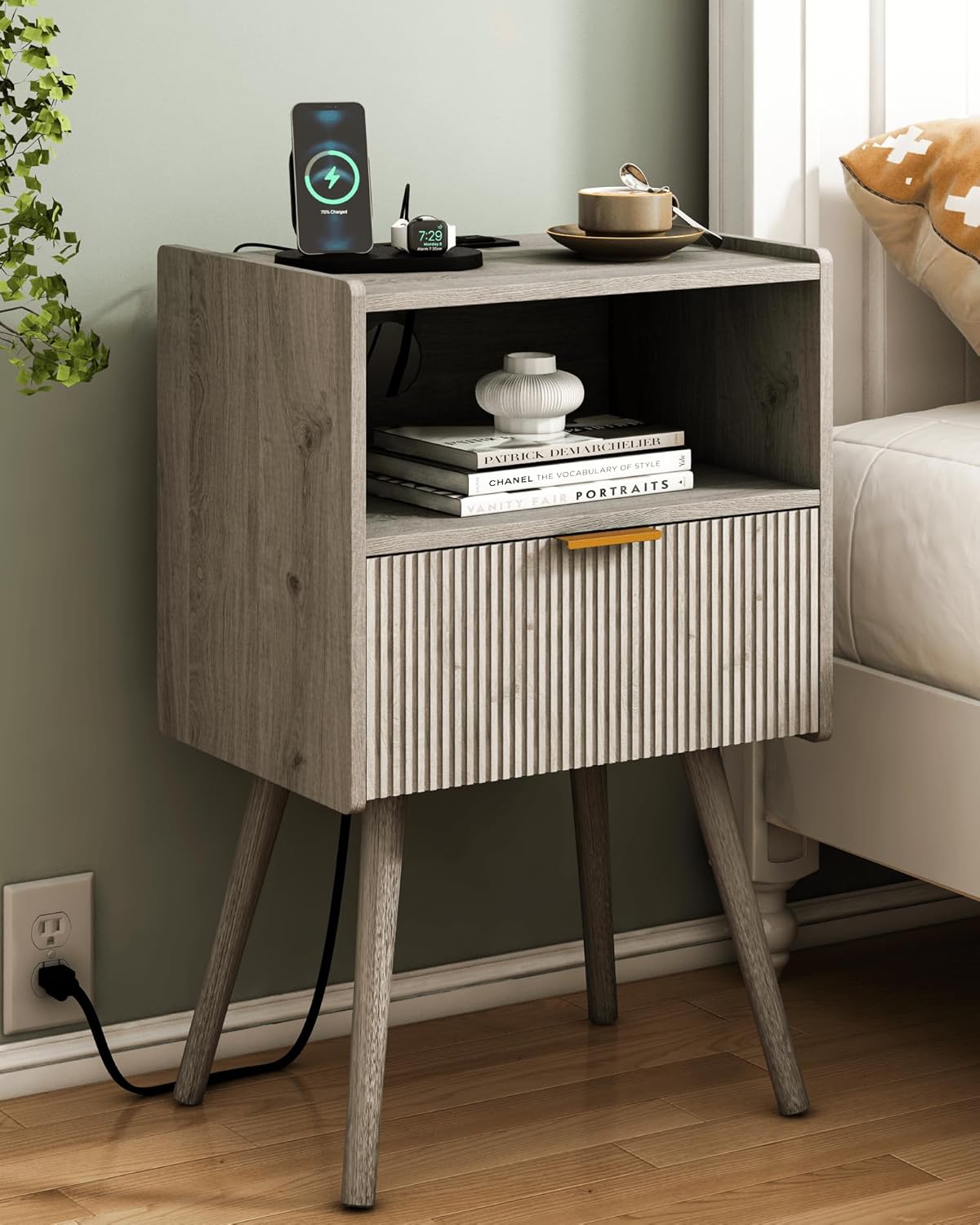 Nightstand,Modern Bedside Table with Storage Drawer and Open Wood Shelf, for Living Room, Bedroom and Small Spaces, Accent Night Stand with Solid Wood Legs, Easy Assembly,Walnut Brown