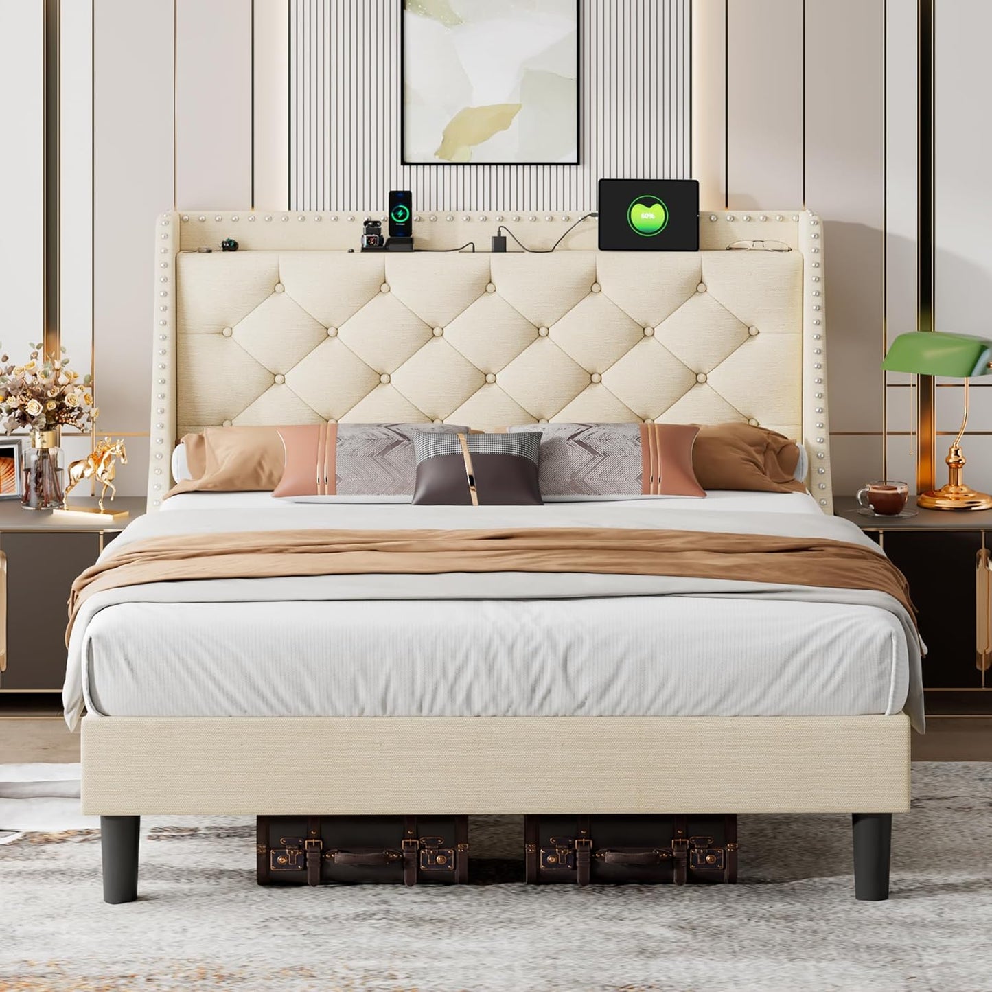 iPormis Full Bed Frame with 16" Comfort Wingback & Charging Station, Upholstered Platform Bed with Button Tufted Storage Headboard, Solid Wood Slats Support, No Box Spring Needed, Black