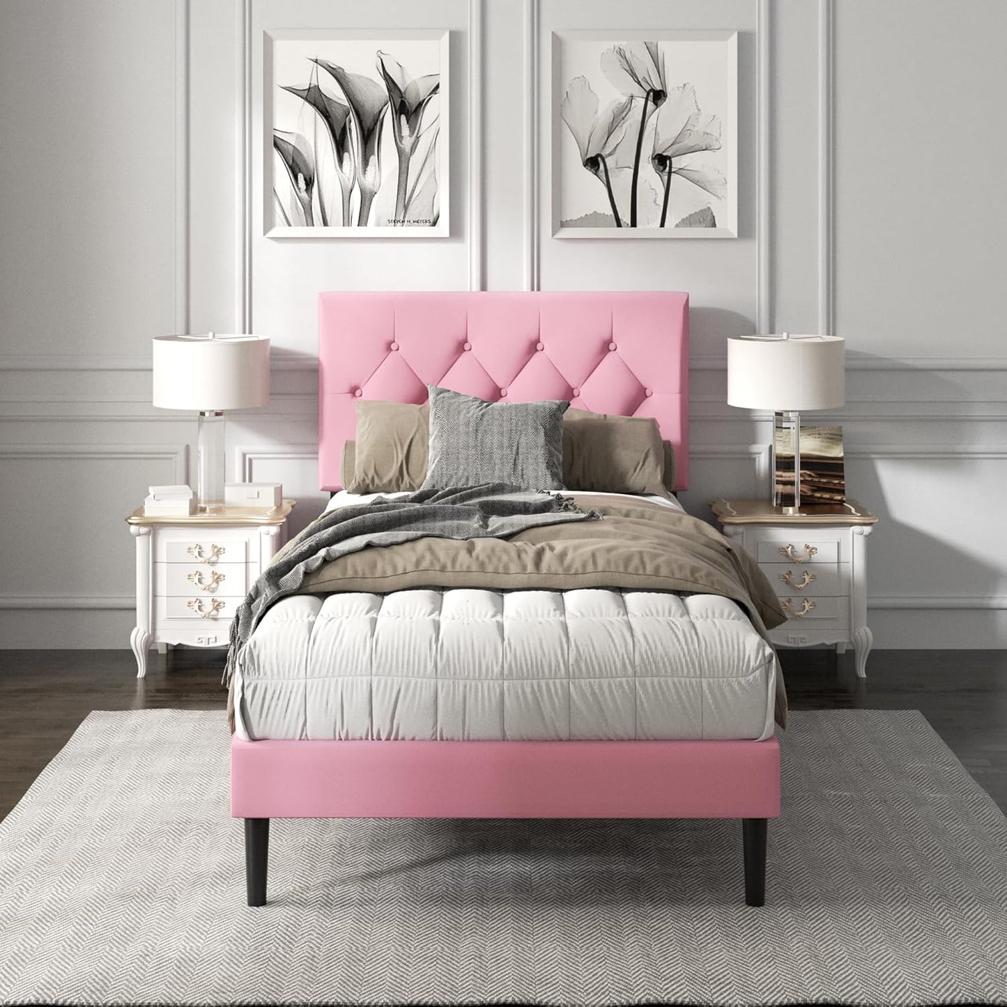 Full Size Platform Bed Frame with Upholstered Button Tufted Headboard, Mattress Foundation with Wooden Slat Support, Noise Free, No Box Spring Needed, Easy Assembly, Light Grey