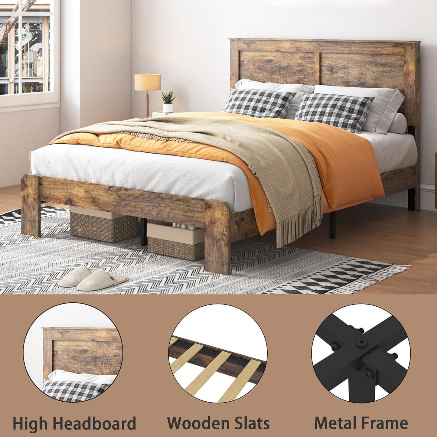 Full Size Bed Frame with Headboard, Rustic Wood Platform Bed Frame with 12 Wooden Slats Support, No Box Spring Needed, Noise Free (Dark Brown, Full)
