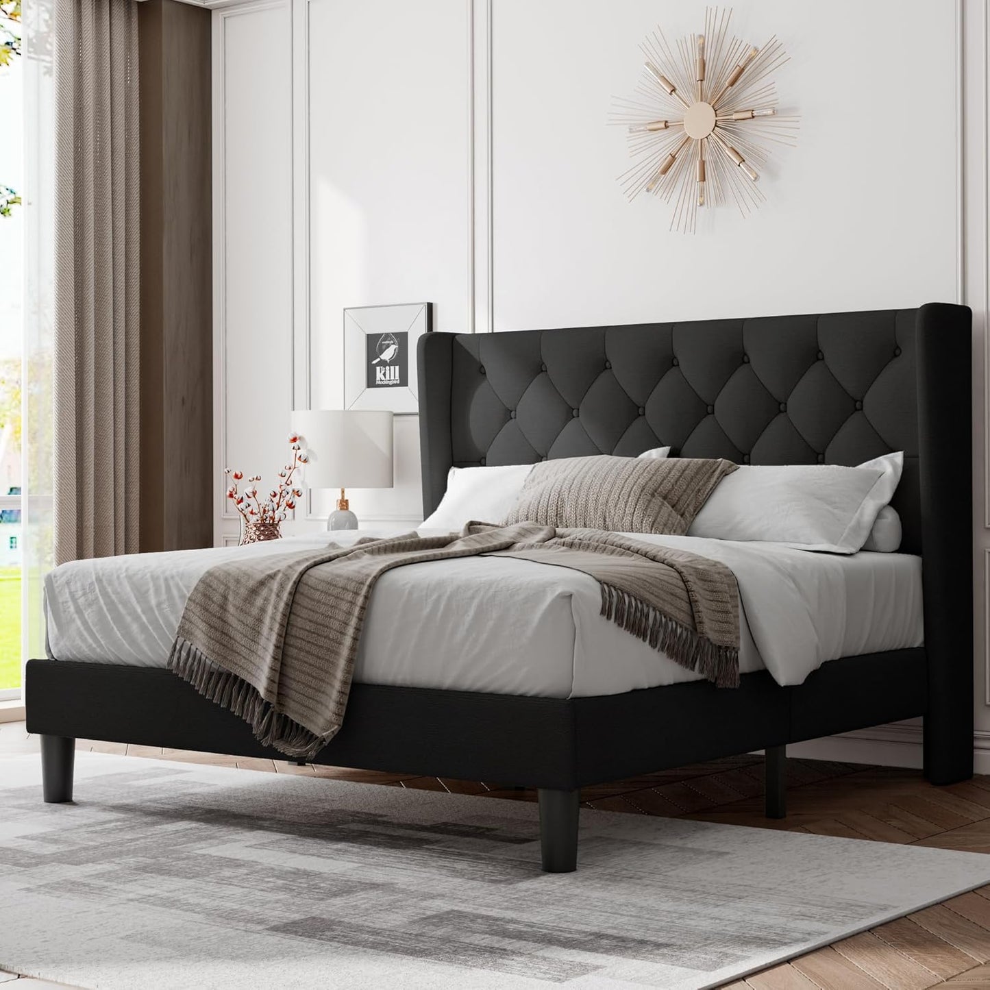 Feonase Full Size Bed Frame with Upholstered Wingback Headboard, Platform Bed and Heavy Duty Wooden Slats Support, Easy Assembly, Noise-Free, No Box Spring Needed, Dark Gray