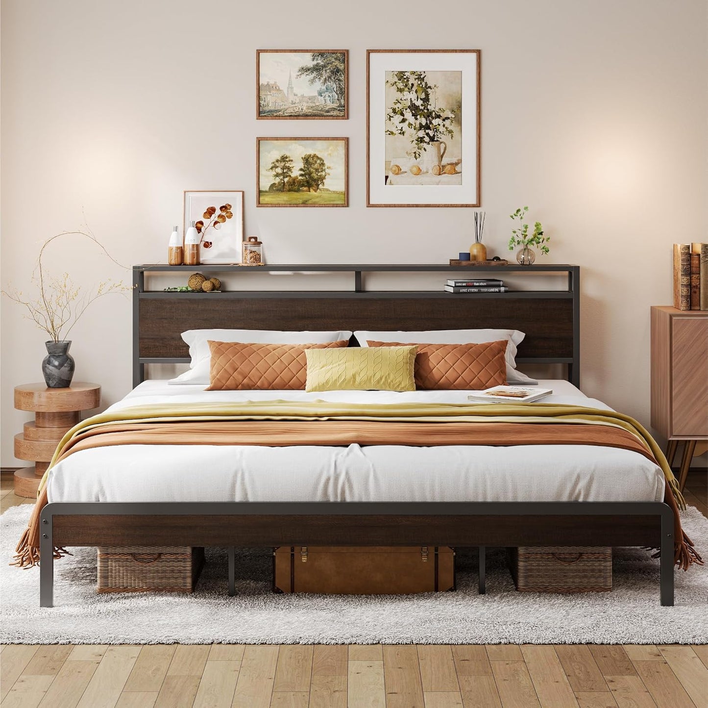 LIKIMIO Full Bed Frame with Headboard, Dark Wood Camas Full with Strong Supports, Sturdy, Noise-Free, No Box Spring Needed, Charcoal Grey