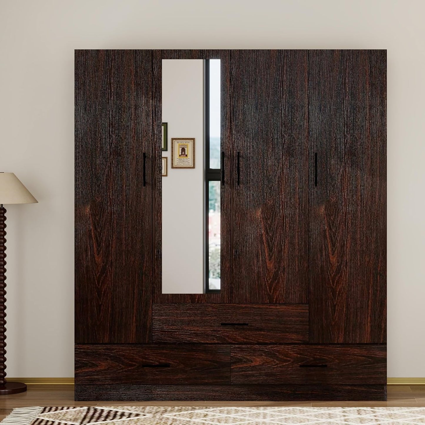 Wooden Armoire Wardrobe Closet：Large Wardrobe Closet with 4 Doors, 3 Drawers for Tall Cabinet, Wardrobe Cabinet for Bedroom with Hanging Rods, Golden Handle, White