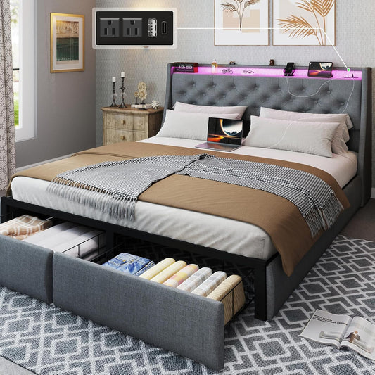 SADENICEL Queen Bed Frame with Storage Headboard and 2 Drawer, Metal Queen Size Bed Frame Platform with LED Light, Charging Station, No Box Spring Needed, Noise Free, Easy Assembly, Grey
