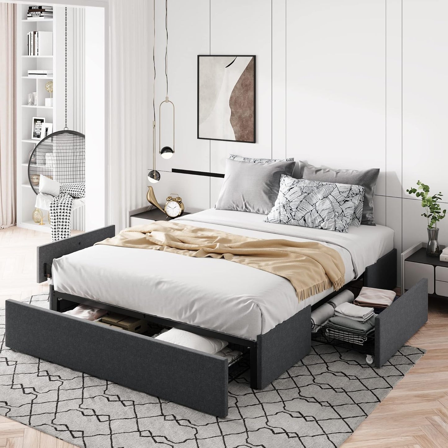 Allewie Full Size Platform Bed Frame with 3 Storage Drawers, Faux Leather Upholstered, Wooden Slats Support, No Box Spring Needed, Easy Assembly, Black