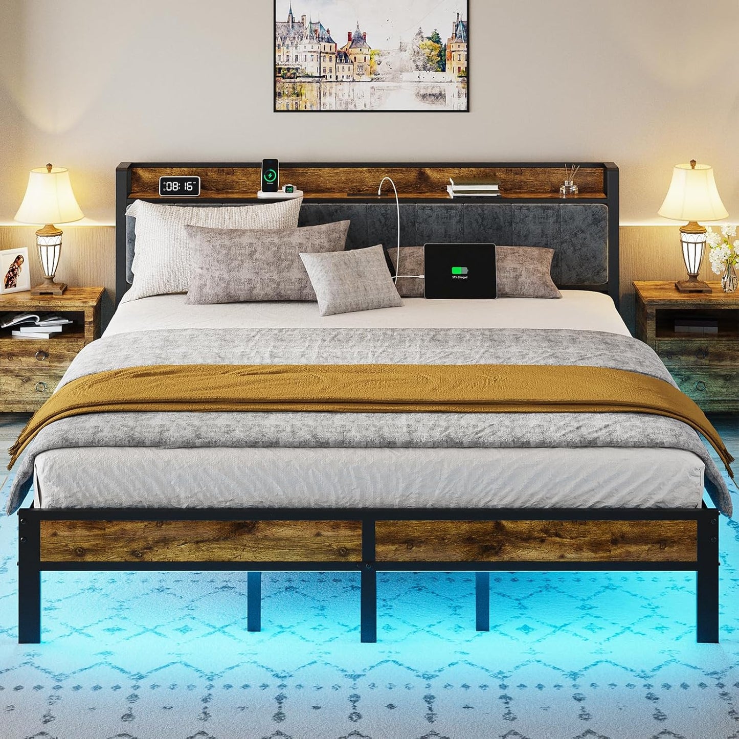 Full Bed Frame with Storage Charging Station Headboard, Smart LED Light, Metal Platform Bed No Box Spring Required, Easy Assembly, Noise Free