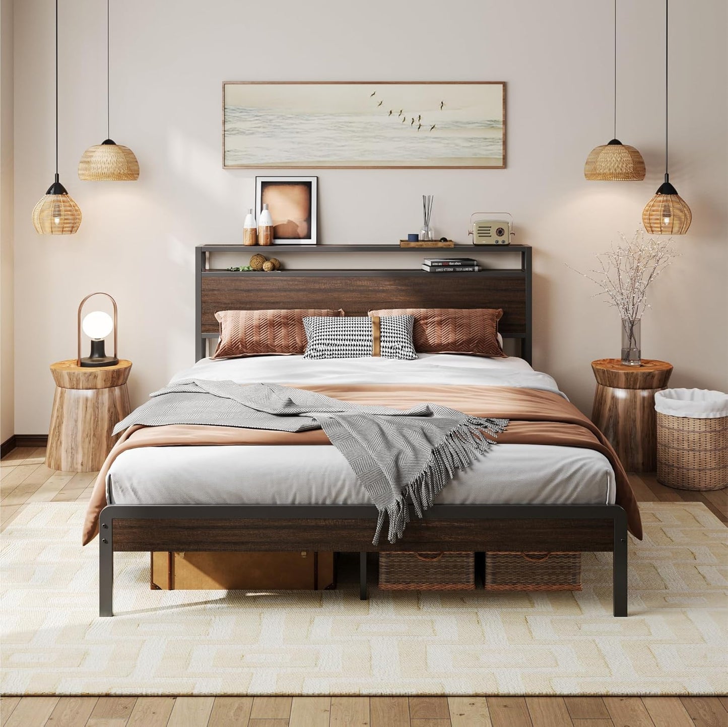 LIKIMIO Full Bed Frame with Headboard, Dark Wood Camas Full with Strong Supports, Sturdy, Noise-Free, No Box Spring Needed, Charcoal Grey