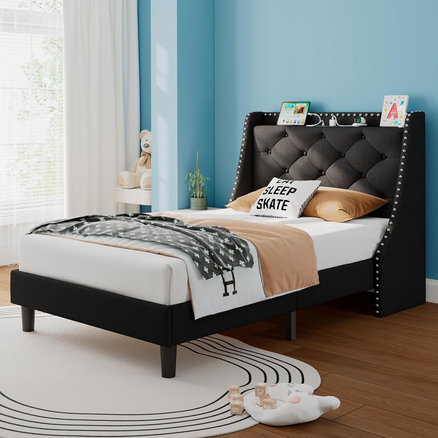 iPormis Full Bed Frame with 16" Comfort Wingback & Charging Station, Upholstered Platform Bed with Button Tufted Storage Headboard, Solid Wood Slats Support, No Box Spring Needed, Black