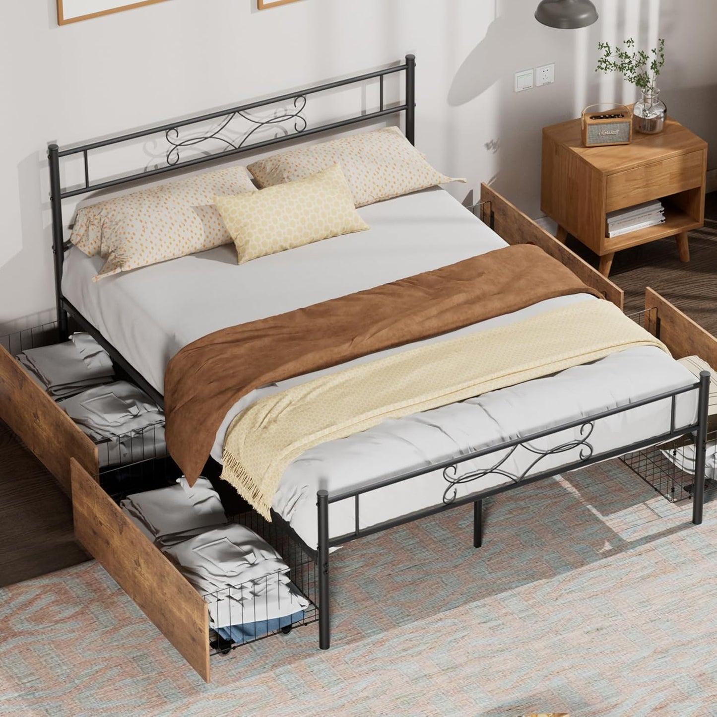 VECELO Queen Size Metal Platform Bed Frame with Headboard/Premium Steel Slat Support/No Box Spring Needed/Noise-Free Anti-Slip/Easy Assembly