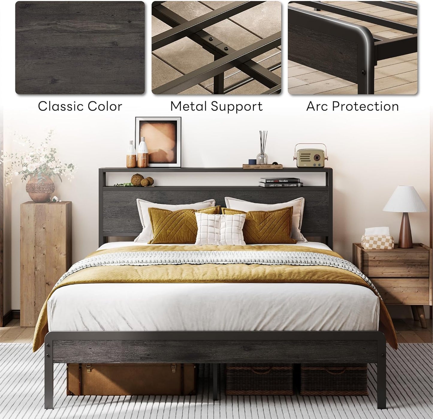LIKIMIO Full Bed Frame with Headboard, Dark Wood Camas Full with Strong Supports, Sturdy, Noise-Free, No Box Spring Needed, Charcoal Grey