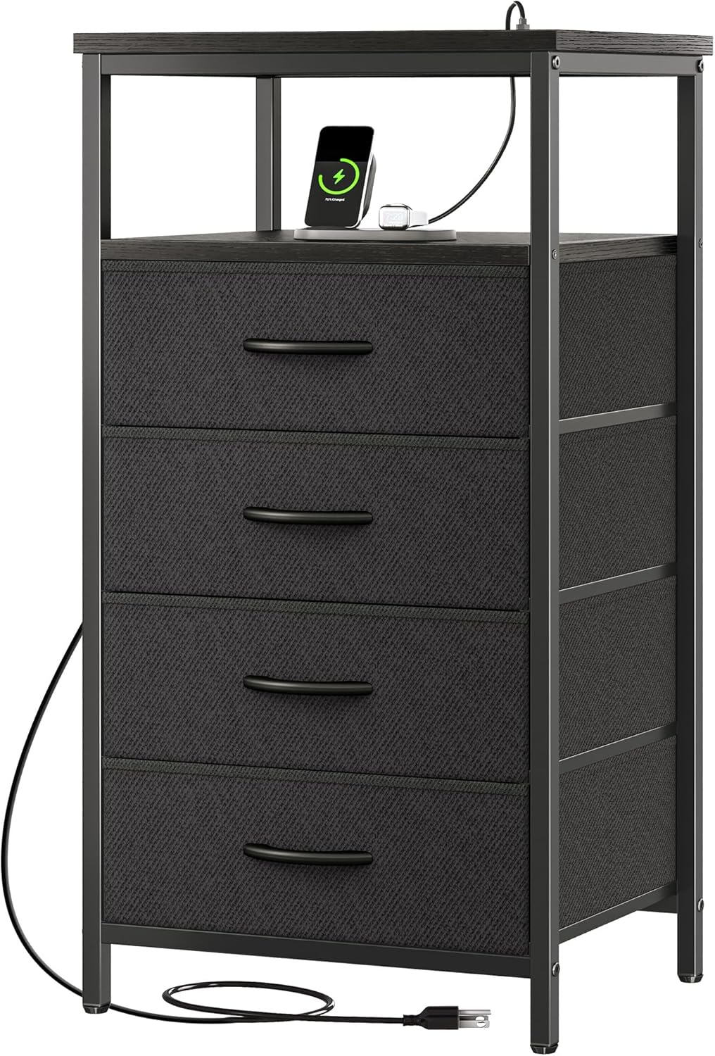 Huuger Nightstand with Charging Station, Side Table with Fabric Drawers, End Table with Open Shelf, Bedside Table with USB Ports and Outlets, Night Stand for Bedroom, White