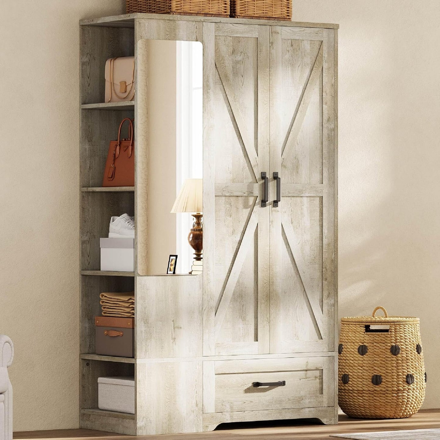 LIKIMIO Armoire Wardrobe Closet 70 Inches, Large Storage with Mirror, 2 Doors, Drawer, and Shelves, Modern Bedroom Freestanding Wooden Wardrobe Combination with Hanging Rail, White