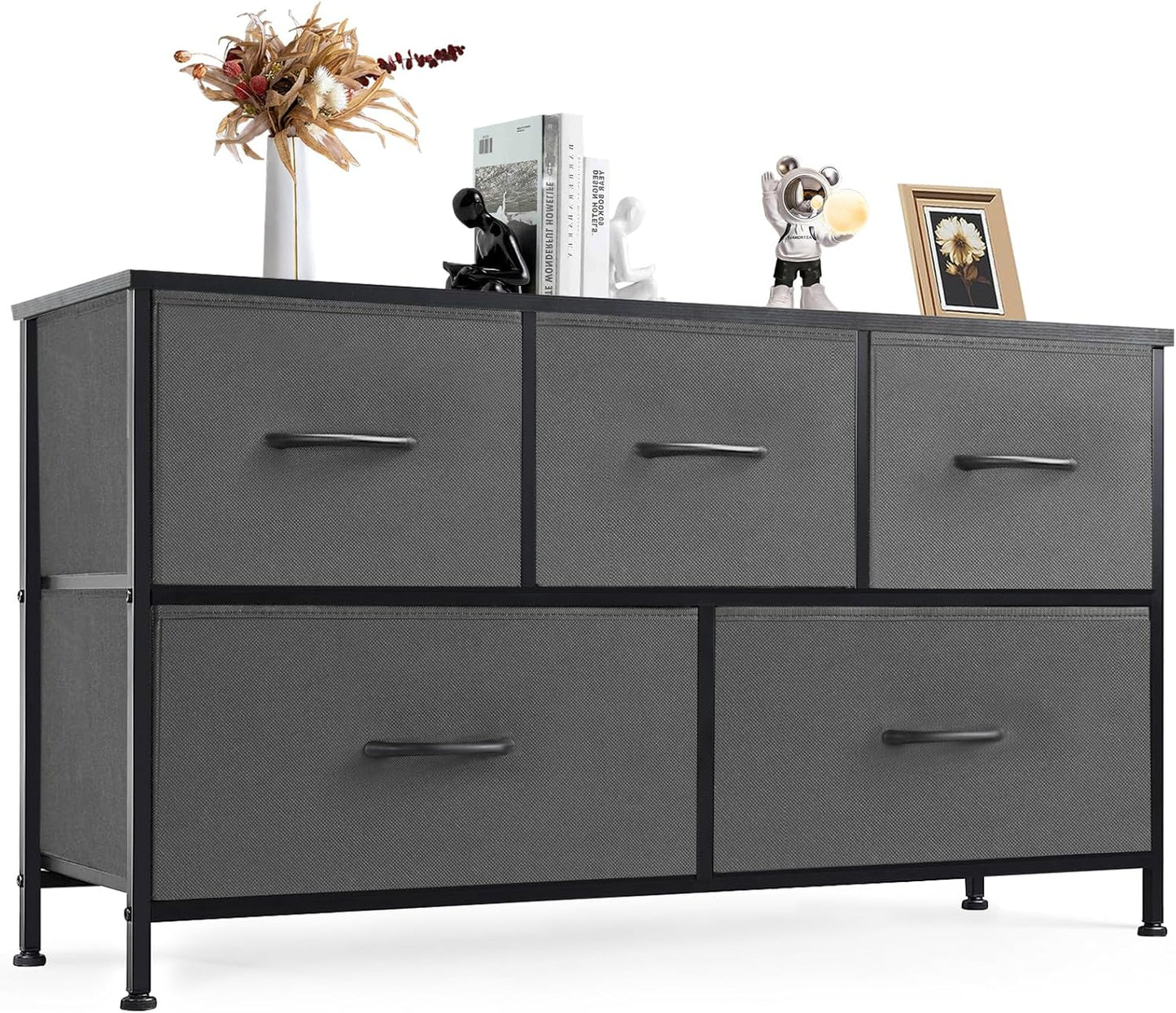 DUMOS Dresser for Bedroom, Storage Organizer with 9 Drawers, Chest of Drawers with Fabric Bins, Sturdy Metal Frame, Wood Tabletop for Guest Room, Closet, Entryway, Nursery