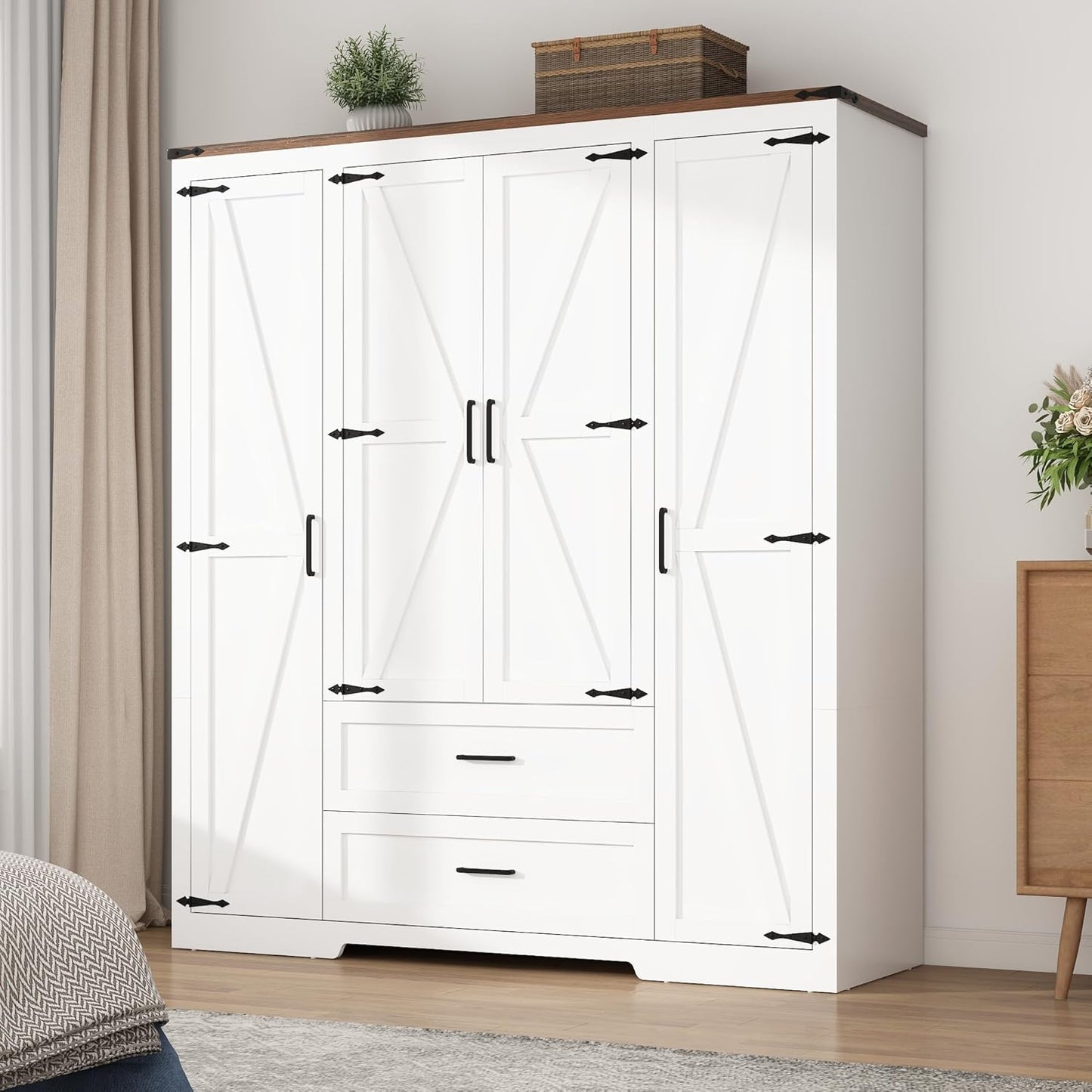 3 Doors Wardrobe Armoire Closet with Doors and Drawers, Farmhouse Wooden Armoire Storage Cabinet with Shelves & Hanging Rod for Bedroom, White