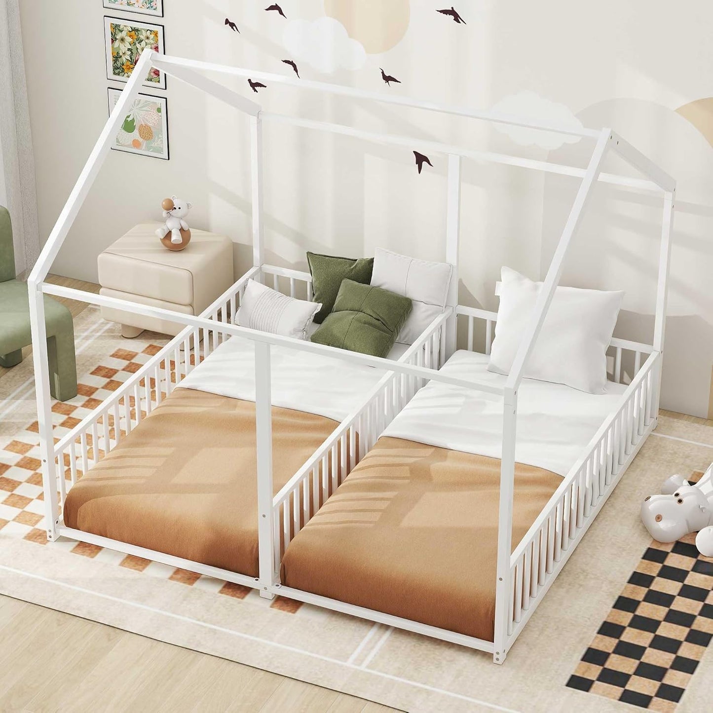 Double Floor Bed for Twins,Twin Size House Bed for 2 Kids,Two Shared Beds,Twin House Platform Beds,Metal Floor Bed Frame with Rails for Girls,Boys(White)