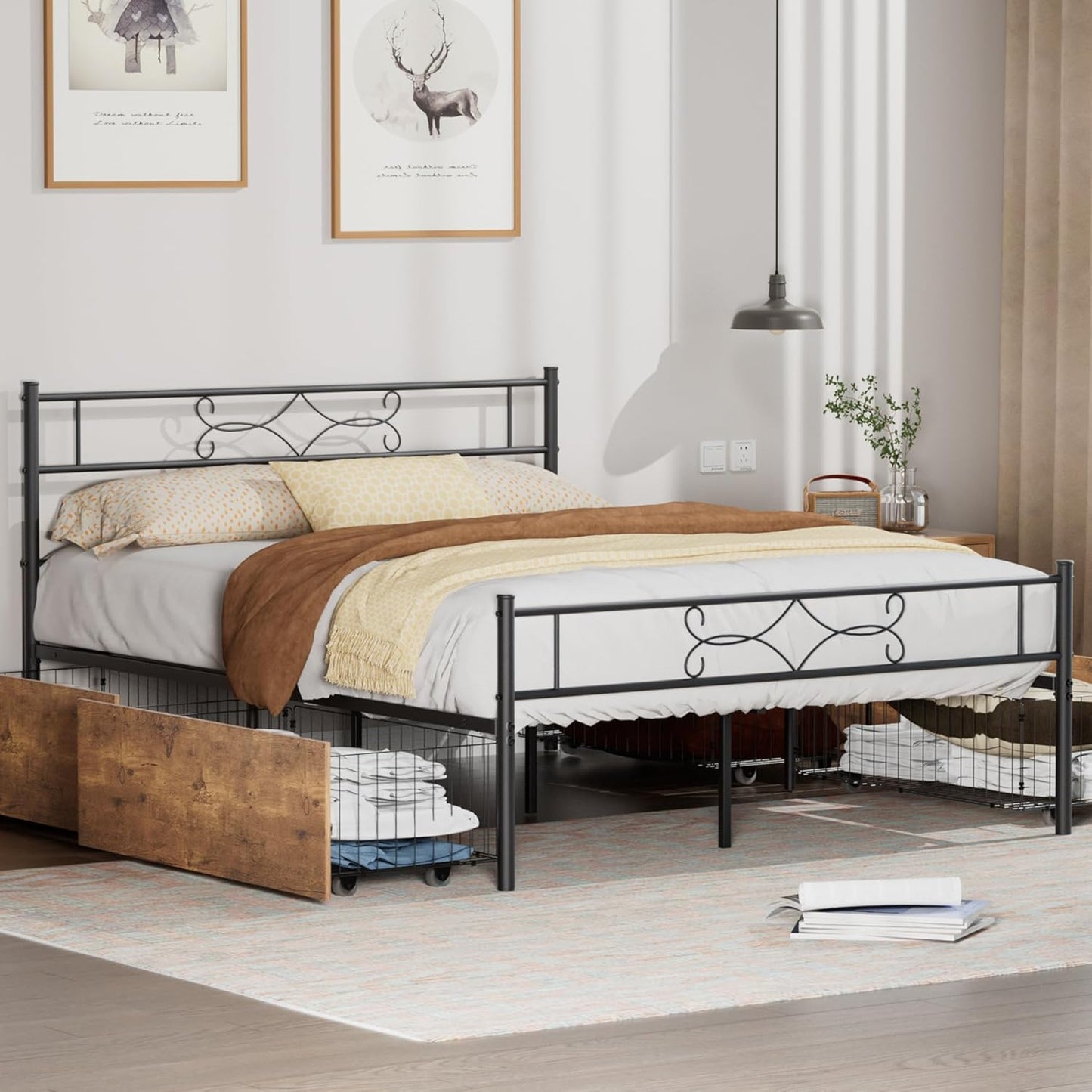 VECELO Queen Size Metal Platform Bed Frame with Headboard/Premium Steel Slat Support/No Box Spring Needed/Noise-Free Anti-Slip/Easy Assembly