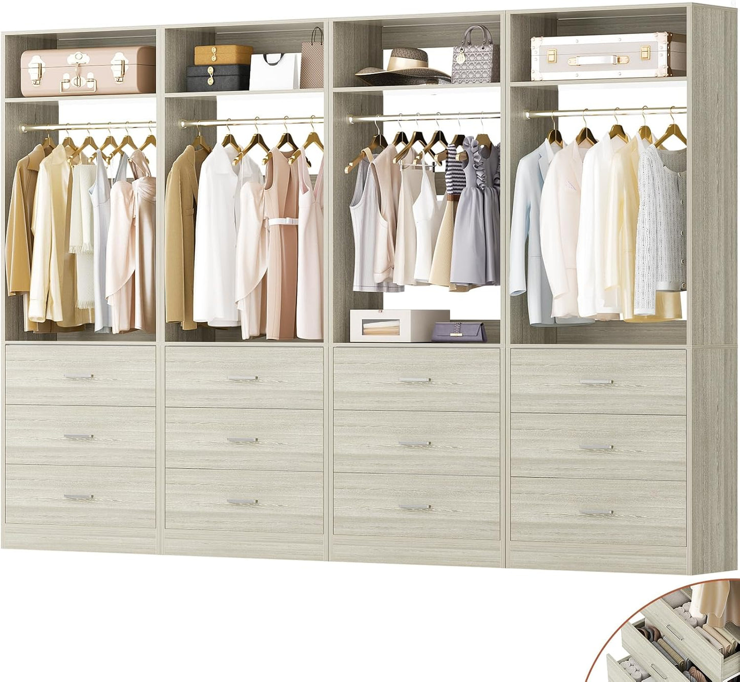 Closet System Set of 2, 4FT Closet Systems with 6 Wood Drawers, 48" Closet Organizer System with 2 Hanging Rods & 2 Shelves, Heavy Duty 48 Inch Walk-in Closet , White (48"L x 15" W x 80" H)