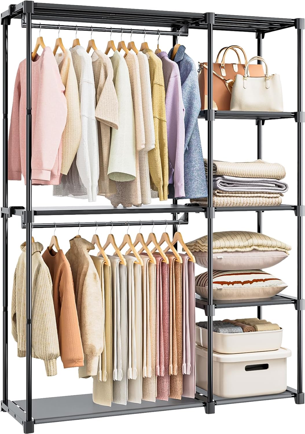 Portable Closet, Freestanding Wardrobe Closet Organizers and Storage,Open Clothing Racks for Hanging Clothes with 4 Shelves and 2 Hanging Rods，47.8x15.8x63.4 Inches