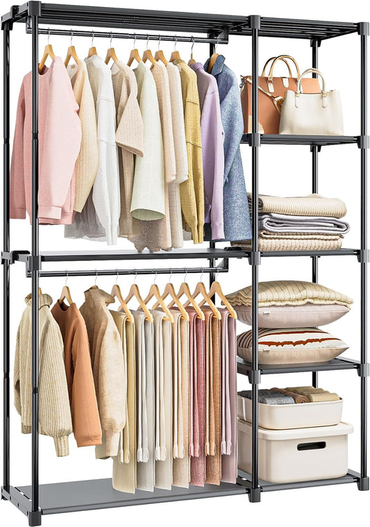 Portable Closet, Freestanding Wardrobe Closet Organizers and Storage,Open Clothing Racks for Hanging Clothes with 4 Shelves and 2 Hanging Rods，47.8x15.8x63.4 Inches