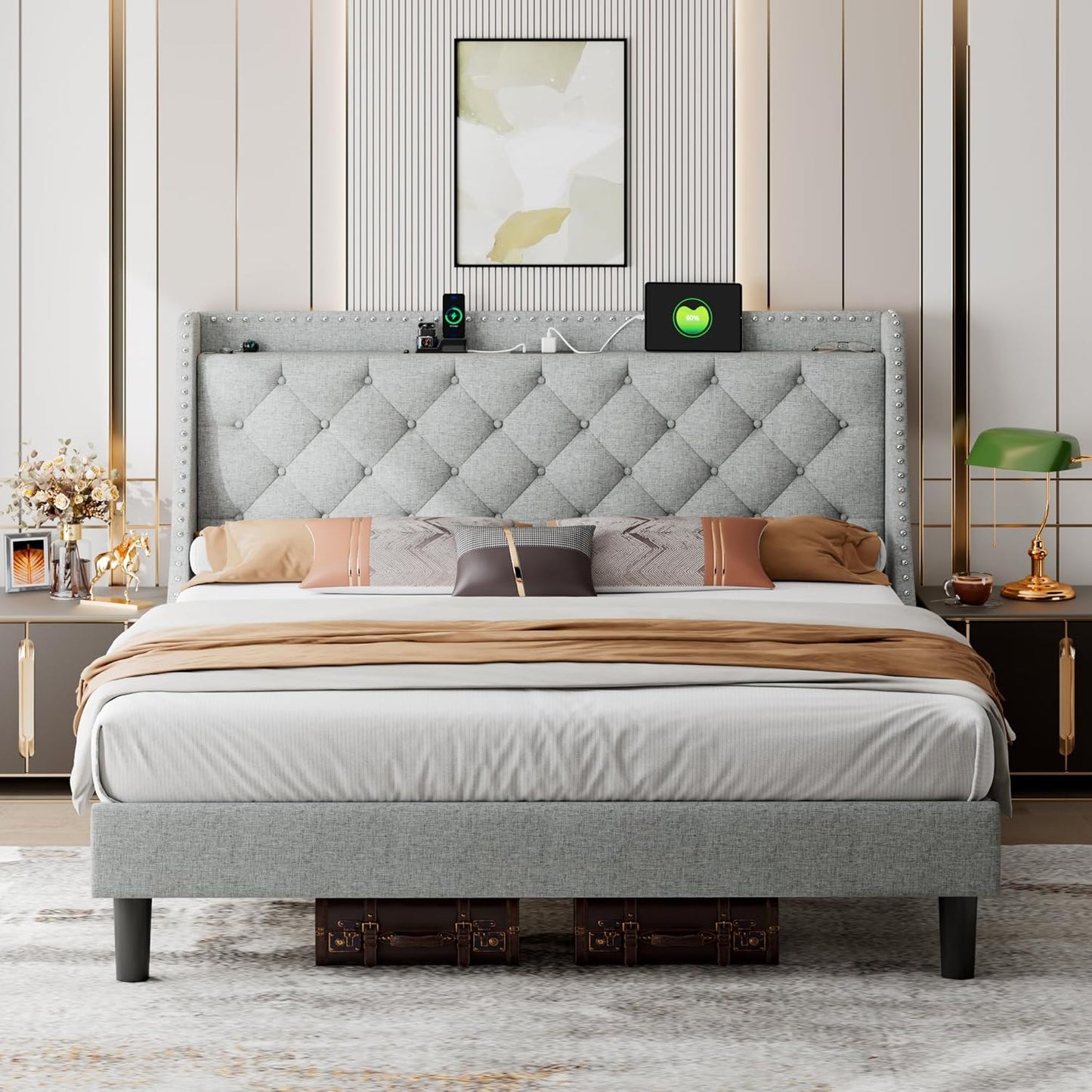 iPormis Full Bed Frame with 16" Comfort Wingback & Charging Station, Upholstered Platform Bed with Button Tufted Storage Headboard, Solid Wood Slats Support, No Box Spring Needed, Black