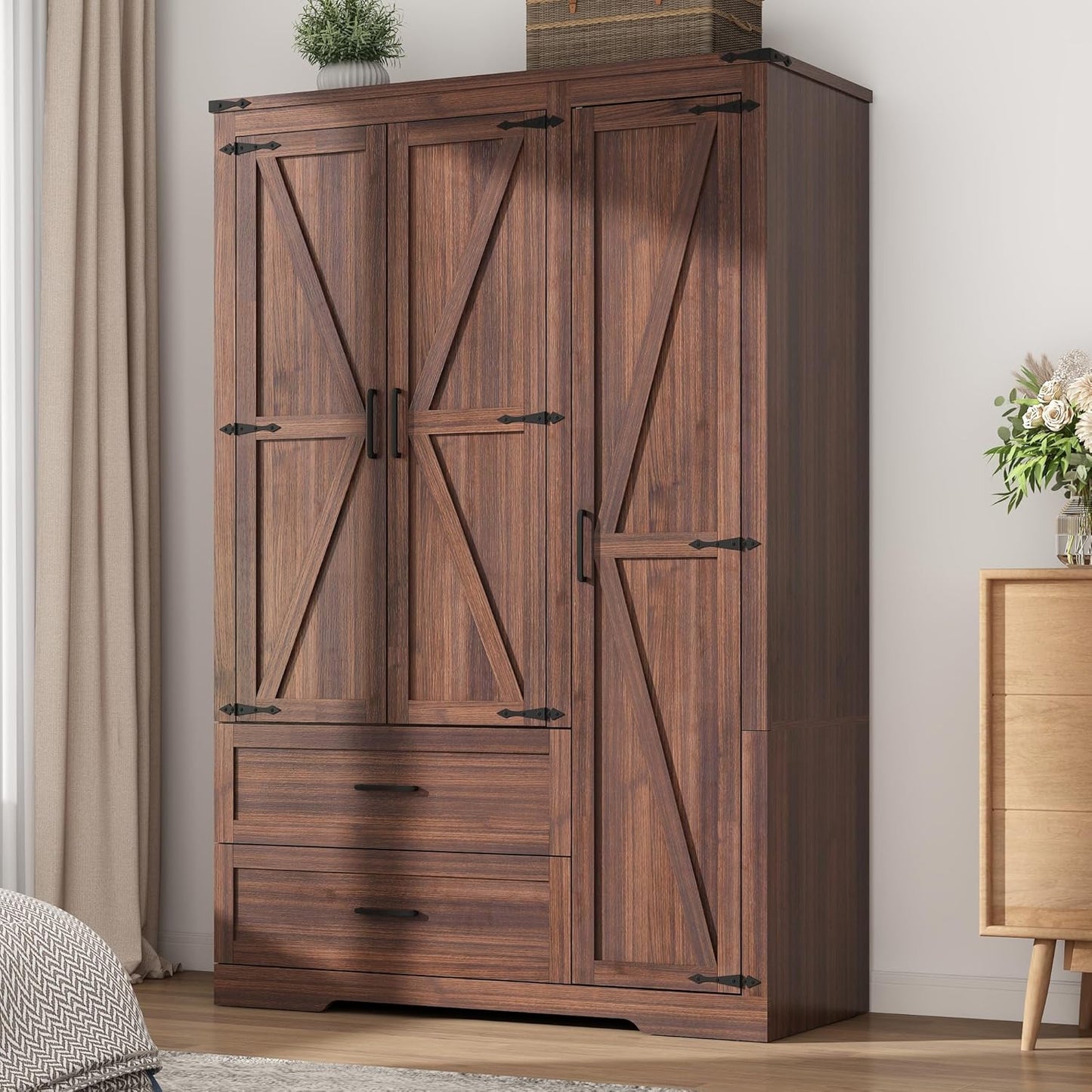 3 Doors Wardrobe Armoire Closet with Doors and Drawers, Farmhouse Wooden Armoire Storage Cabinet with Shelves & Hanging Rod for Bedroom, White