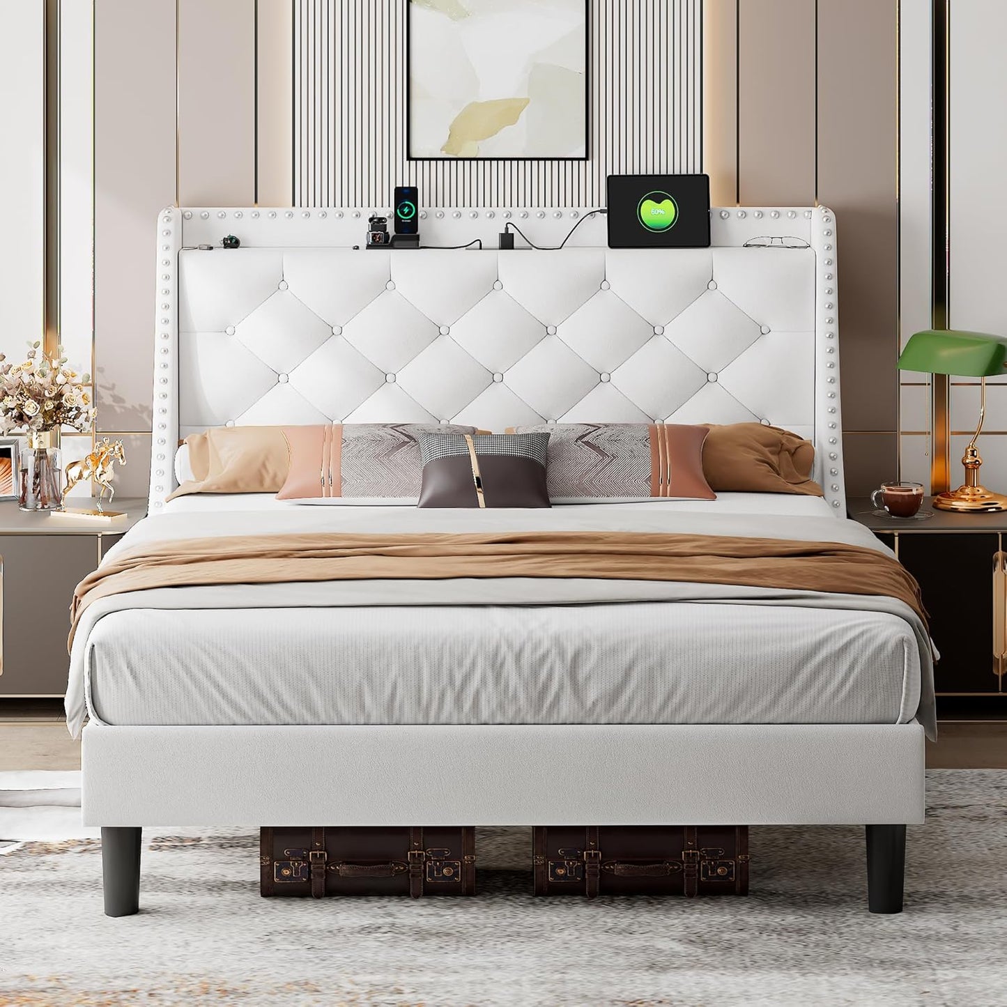 iPormis Full Bed Frame with 16" Comfort Wingback & Charging Station, Upholstered Platform Bed with Button Tufted Storage Headboard, Solid Wood Slats Support, No Box Spring Needed, Black