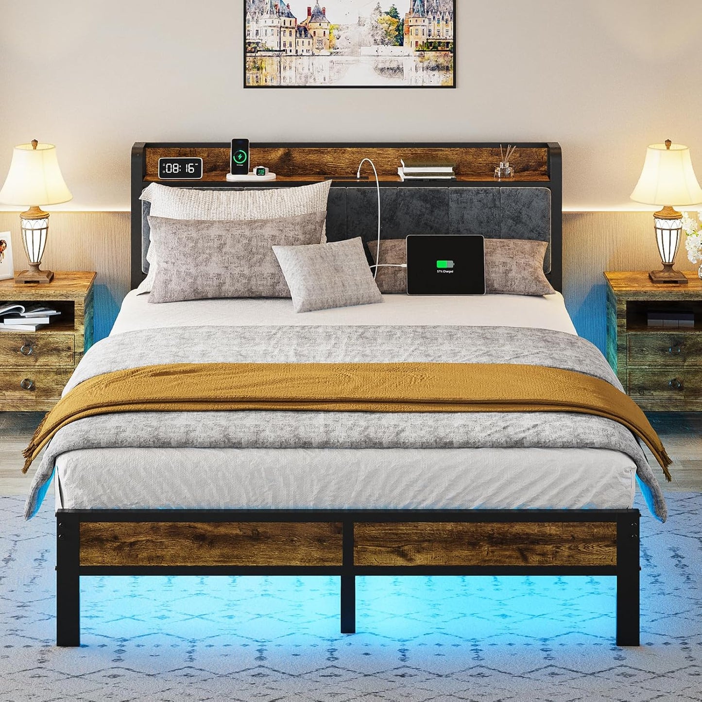 Full Bed Frame with Storage Charging Station Headboard, Smart LED Light, Metal Platform Bed No Box Spring Required, Easy Assembly, Noise Free