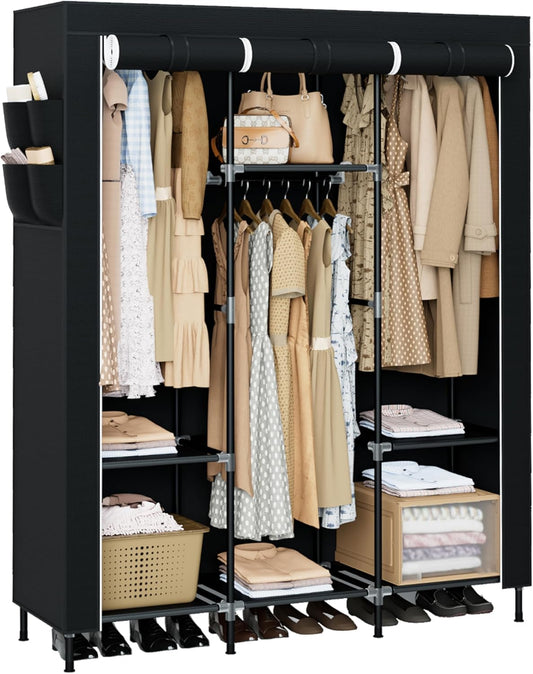 Portable Closet, 51.2 Inch Large Capacity Wardrobe Closet with Cover, Clothes Storage Organizer with Shelves and 3 Hanging Rods, Easy to Assembly, Black PCT203B01